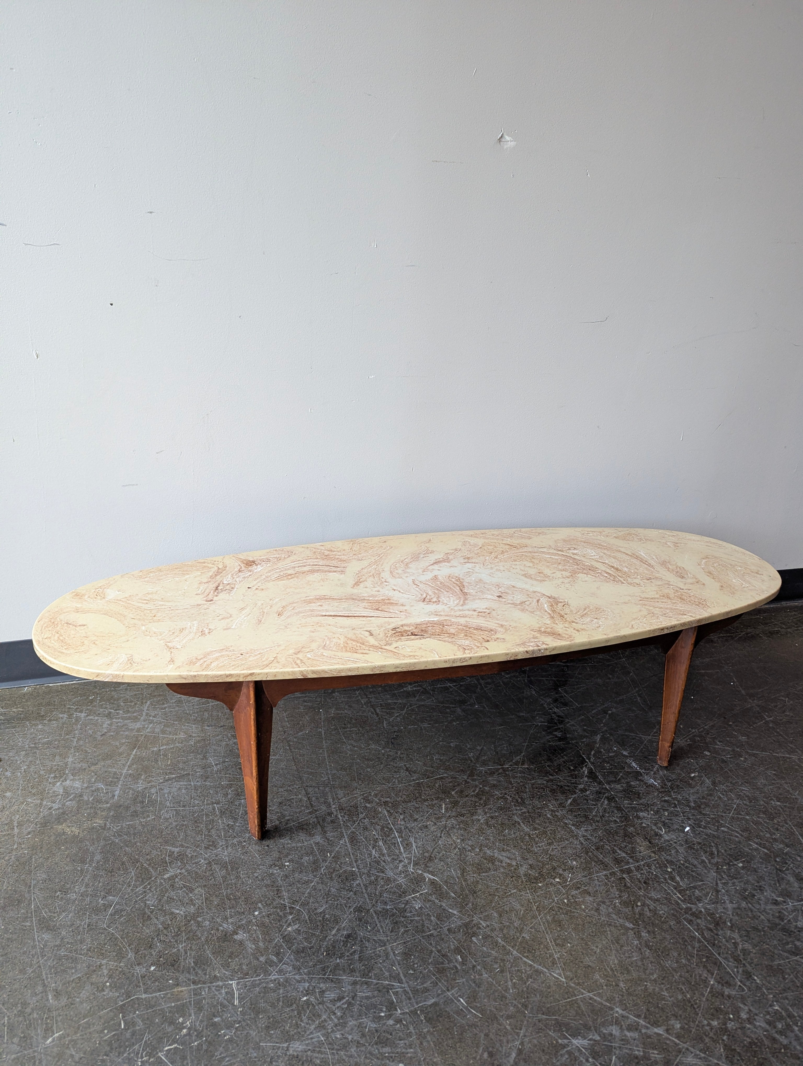 Mid-Century Style Oval Console Table with Marbled Top