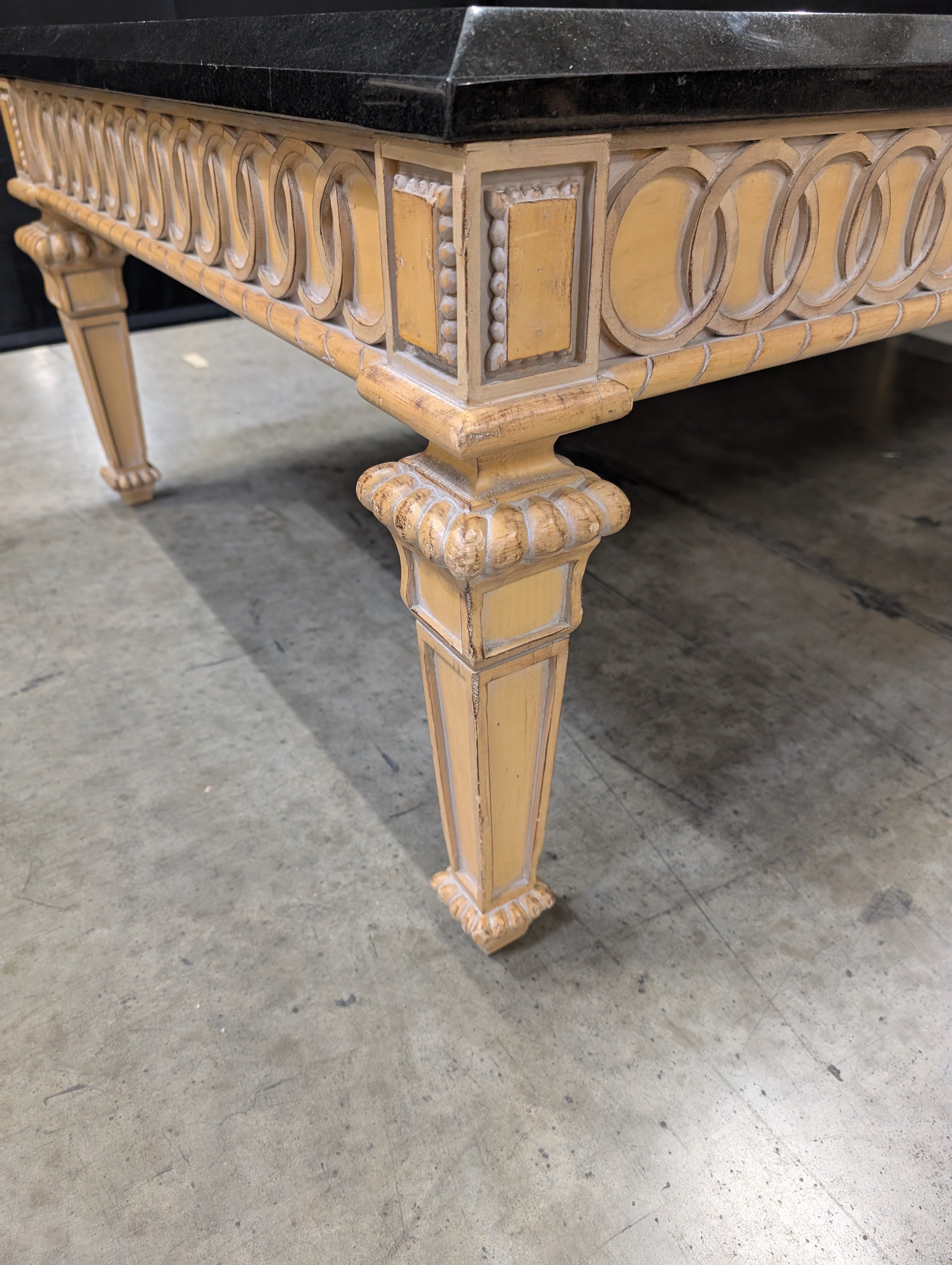 Ornate Carved Wood Base Black Top Rectangular Dining Table