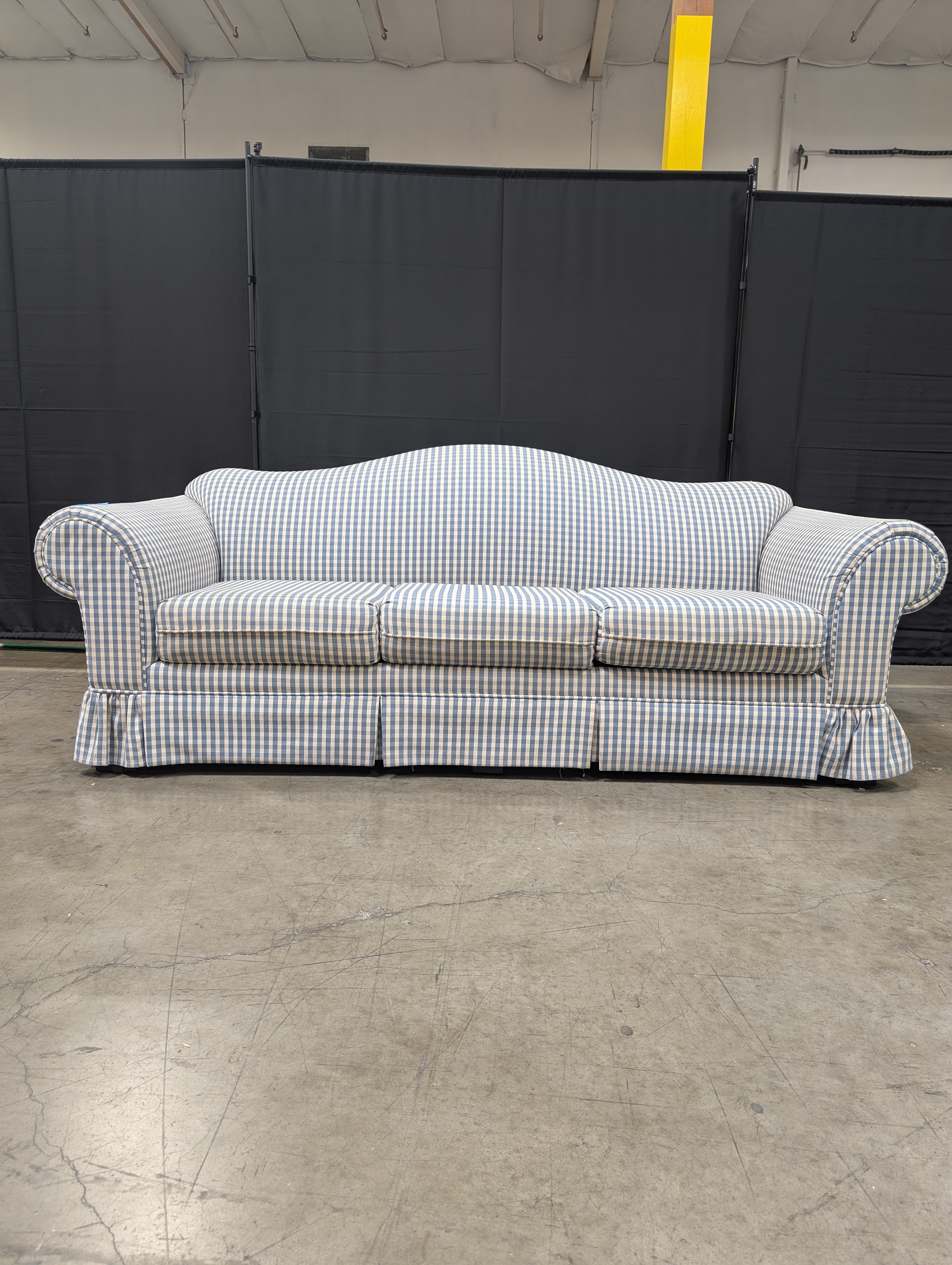 Blue Gingham Bassett Furniture Three-Seater Sofa with Rolled Arms Used