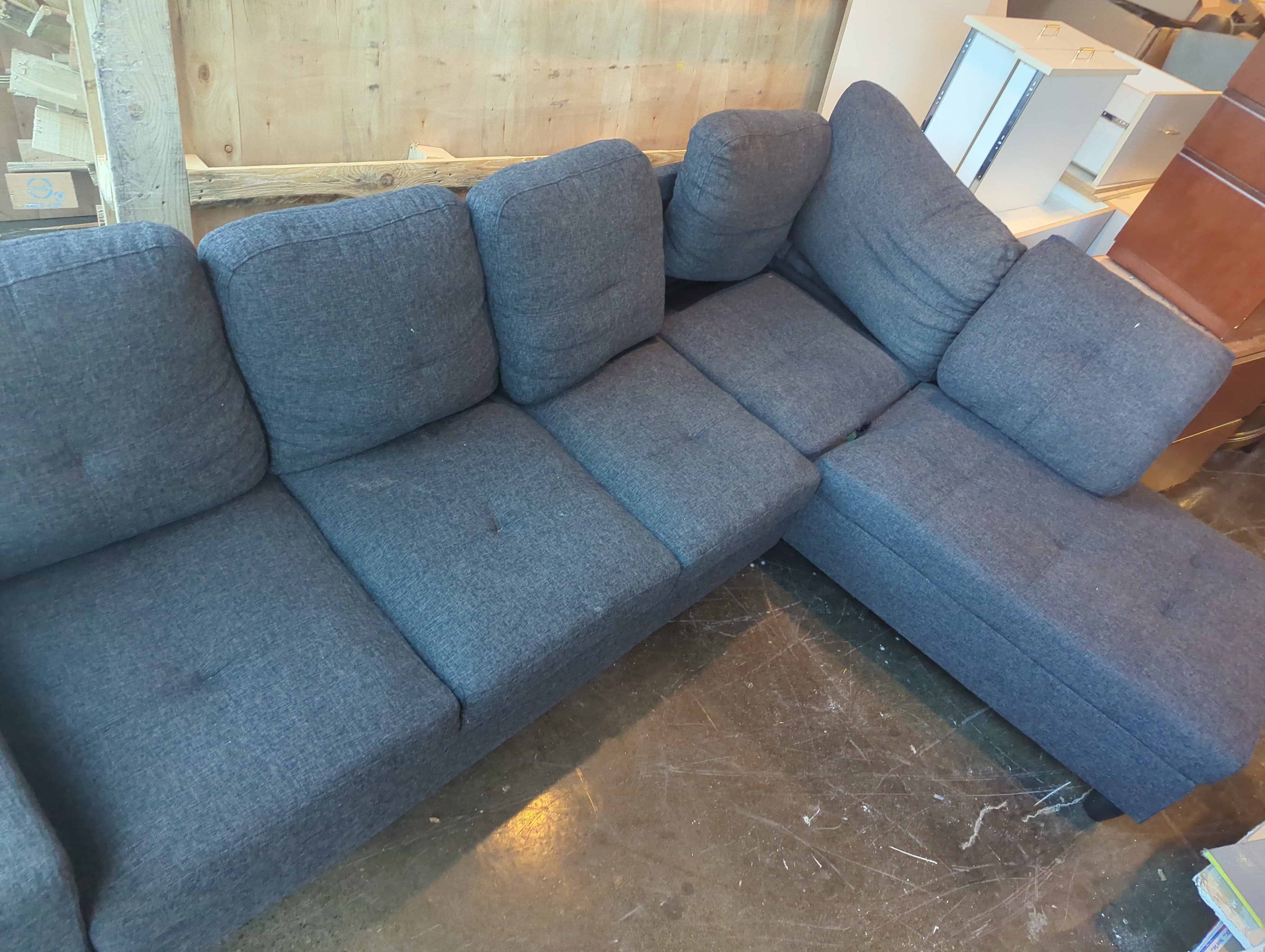 Grey tweed sectional couch (with rip)