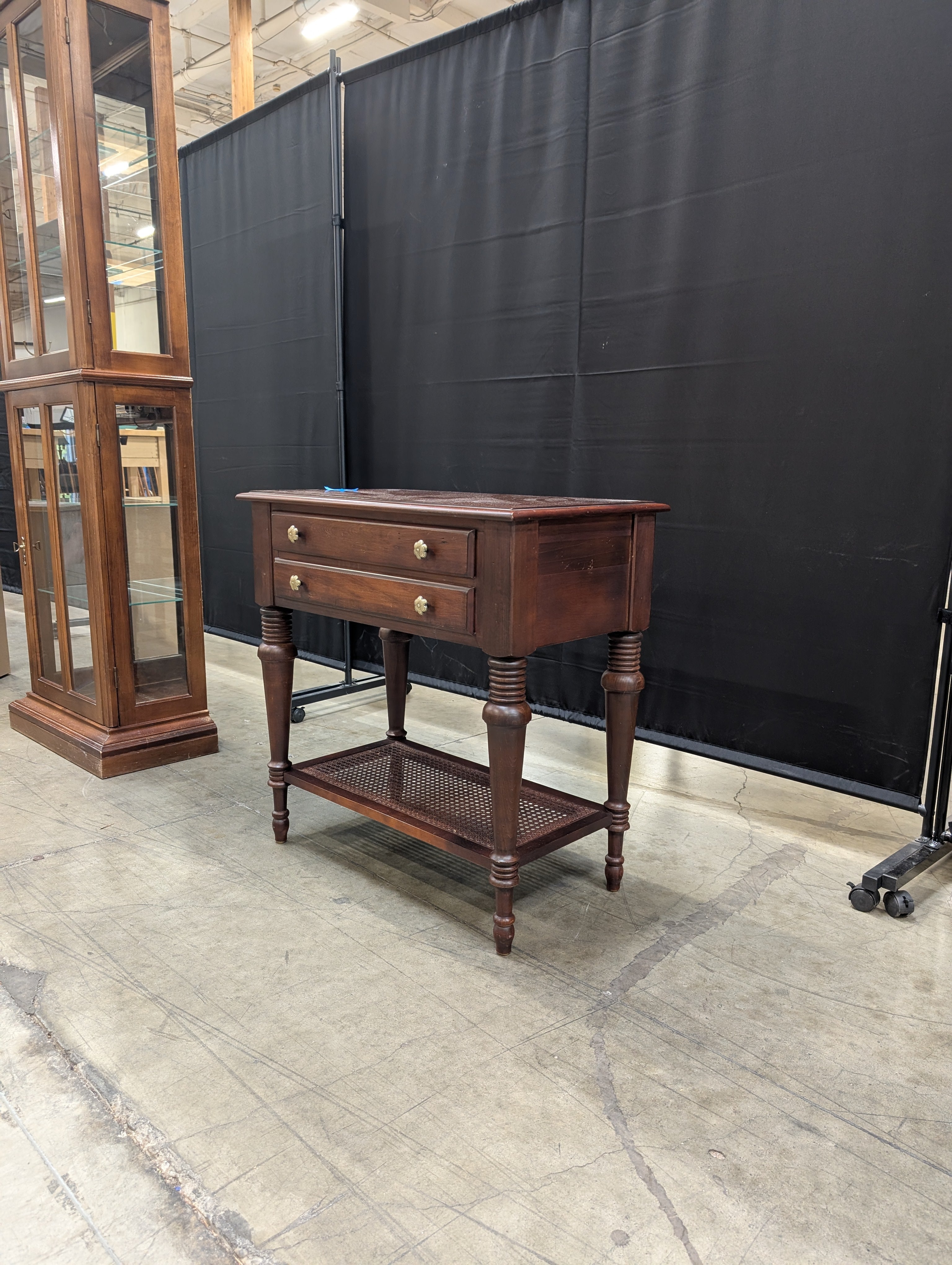 Mahogany Finish Wood ETHAN ALLEN Side Table with Cane Shelf
