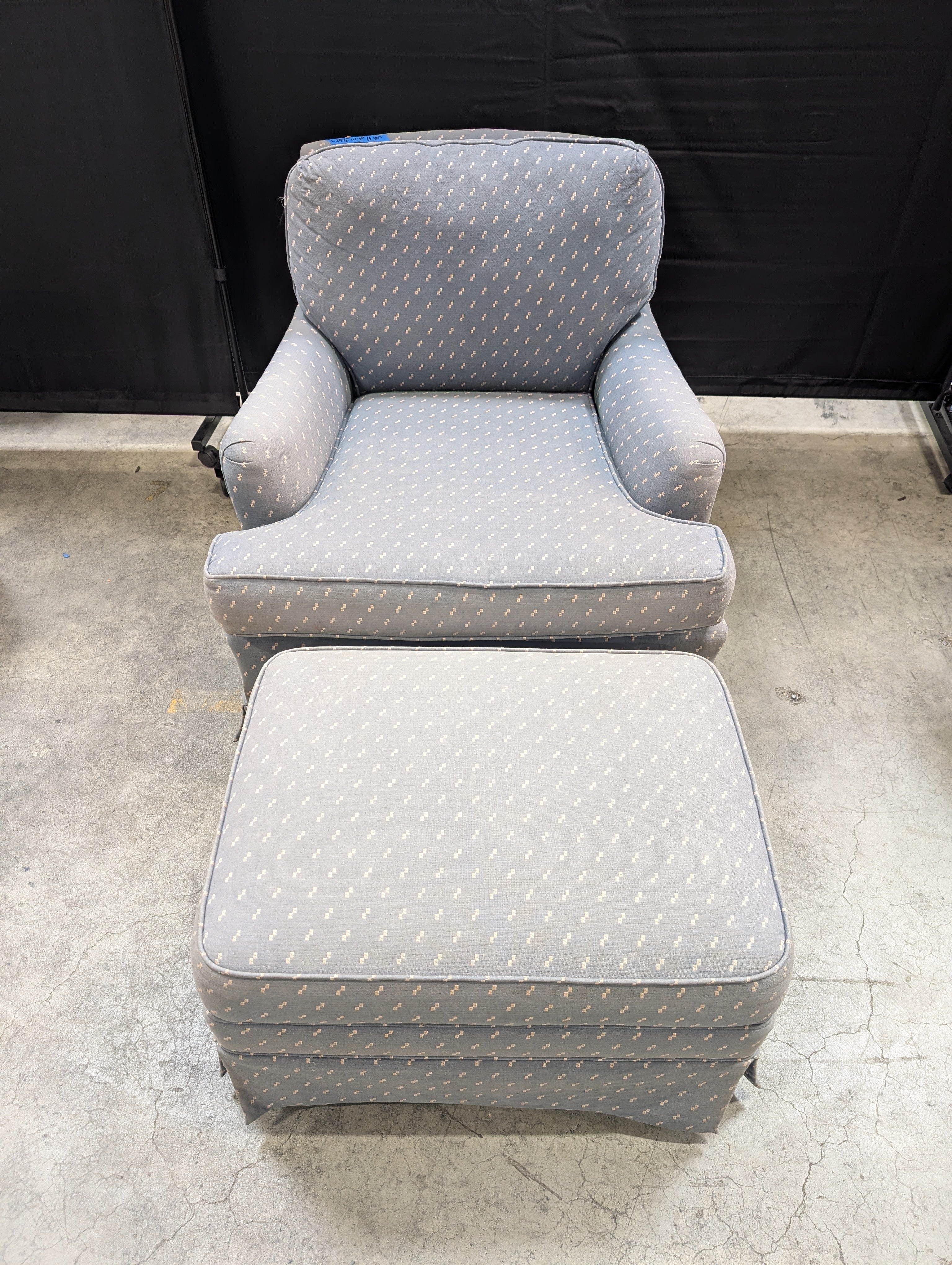 Blue Patterned Fabric Armchair with Rolled Arms with Ottoman