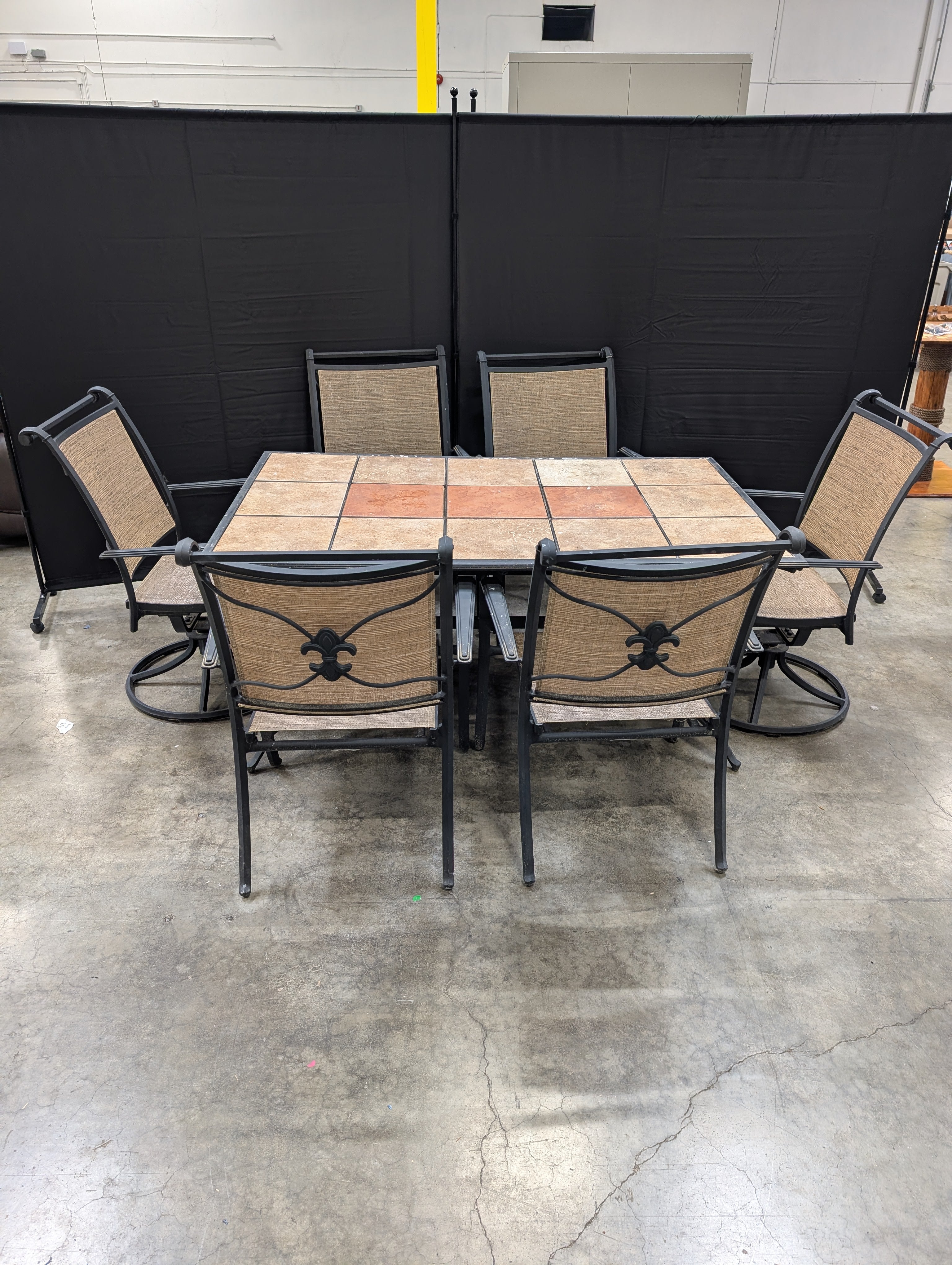 Black Metal Outdoor Patio Table with Tile Insert Grid Top