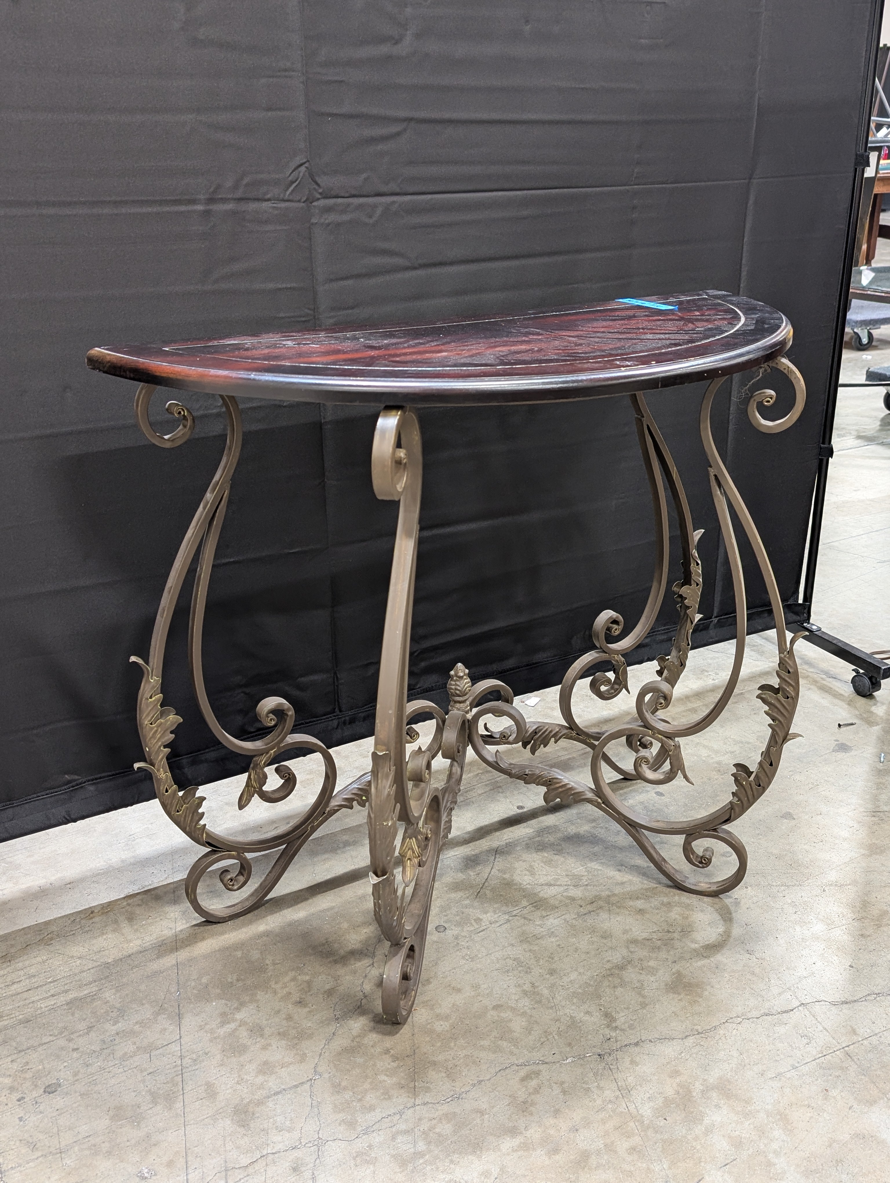 Demilune Console Table with Dark Wood Top and Scroll Metal Base