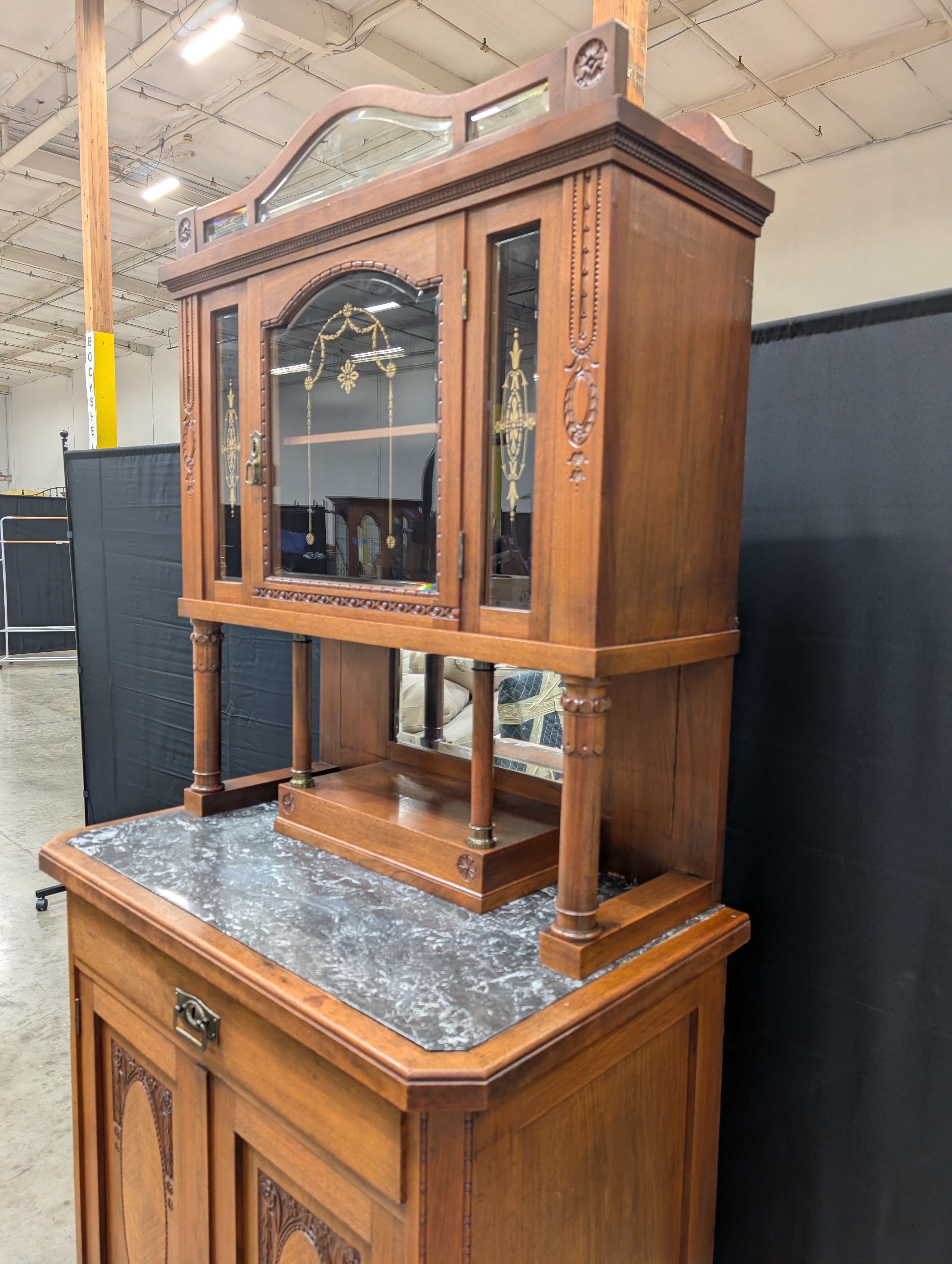 Vintage Carved Hardwood Display Cabinet with Marble Top