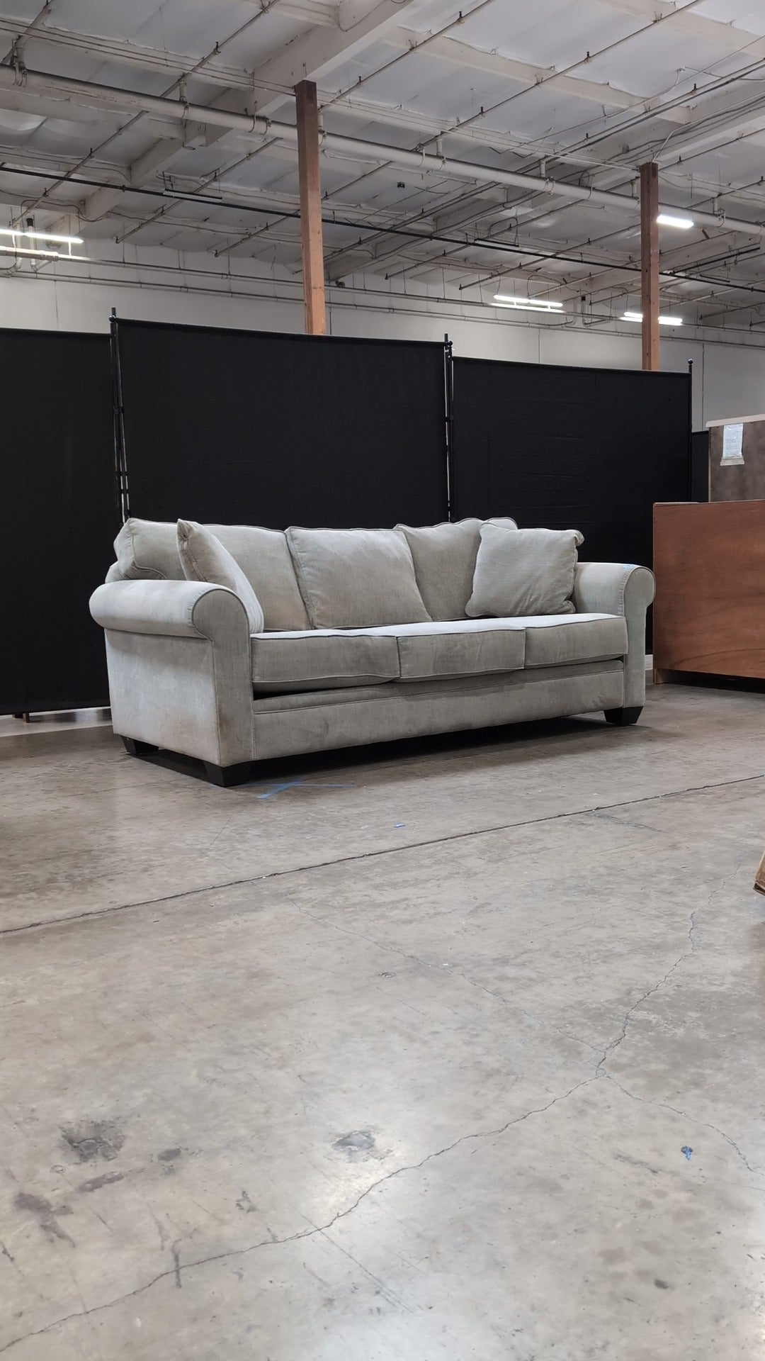 Used Greige Fabric Three-Seater Sofa with Rolled Arms