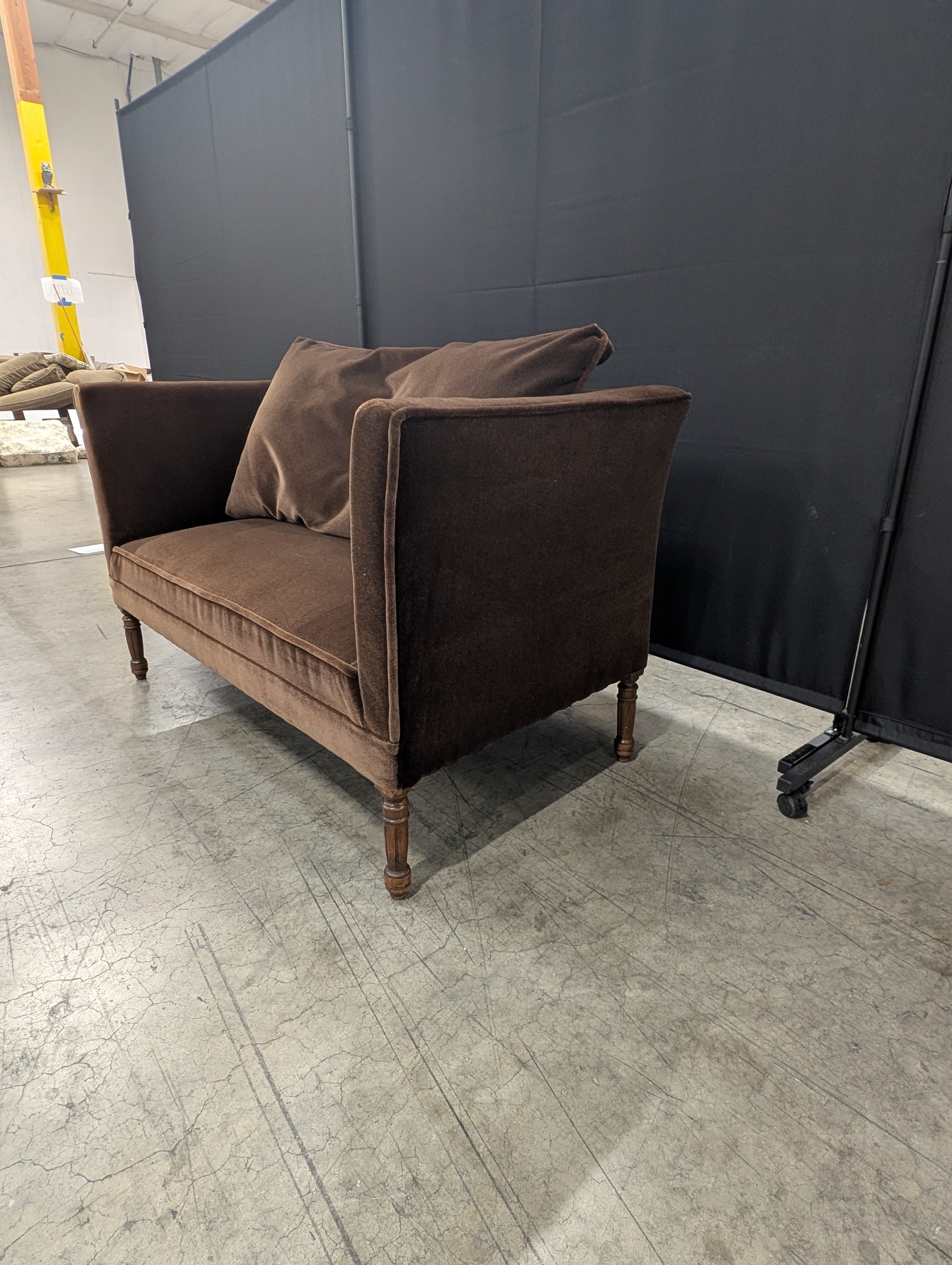 Brown Velvet Two-Seater Settee with Tapered Legs