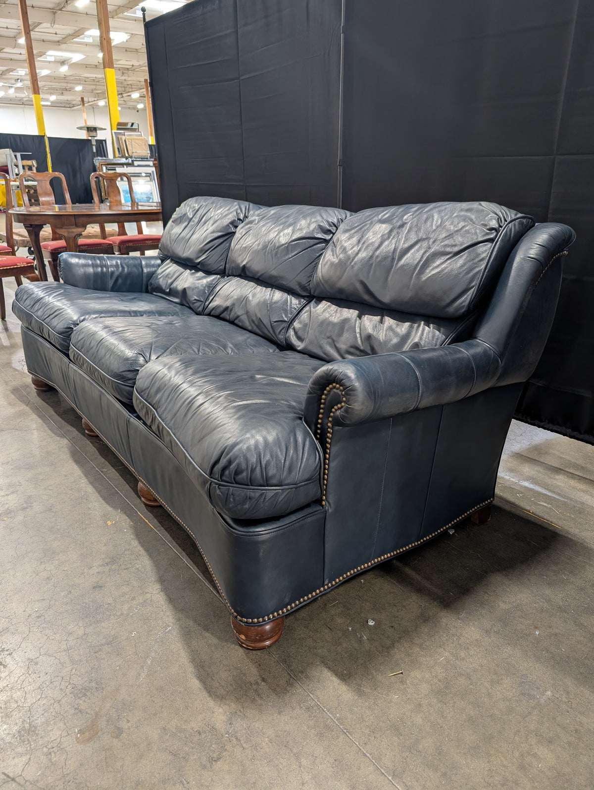 Drexel Dark Blue Leather Three-Cushion Couch with Nailhead Trim