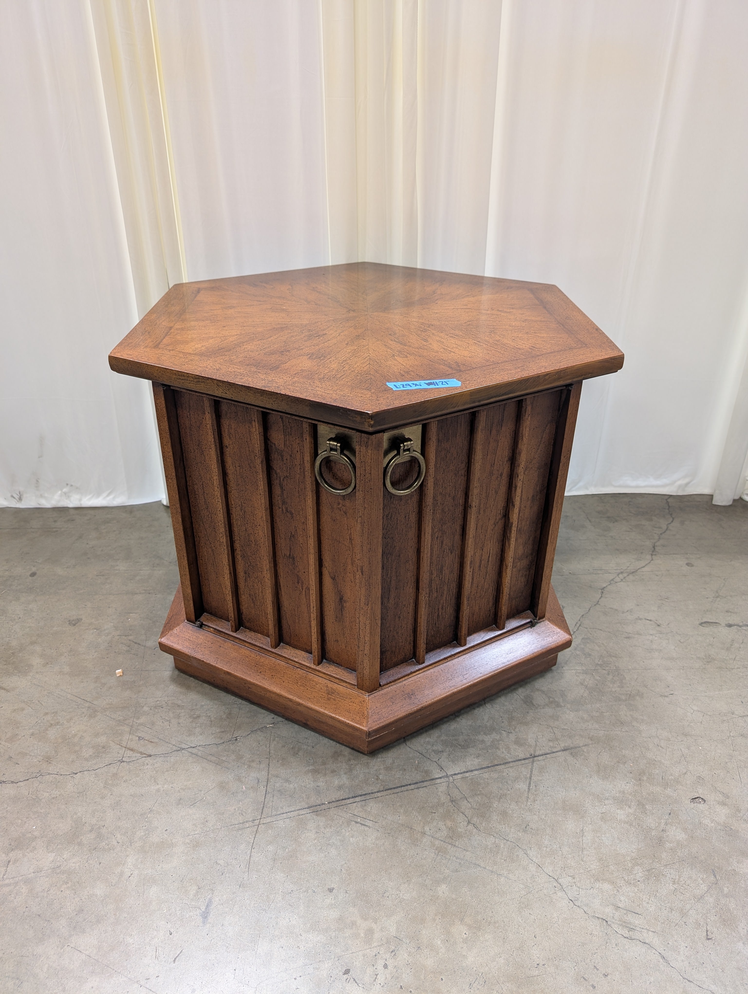 Hexagonal Vintage Wood End Table with Cabinet