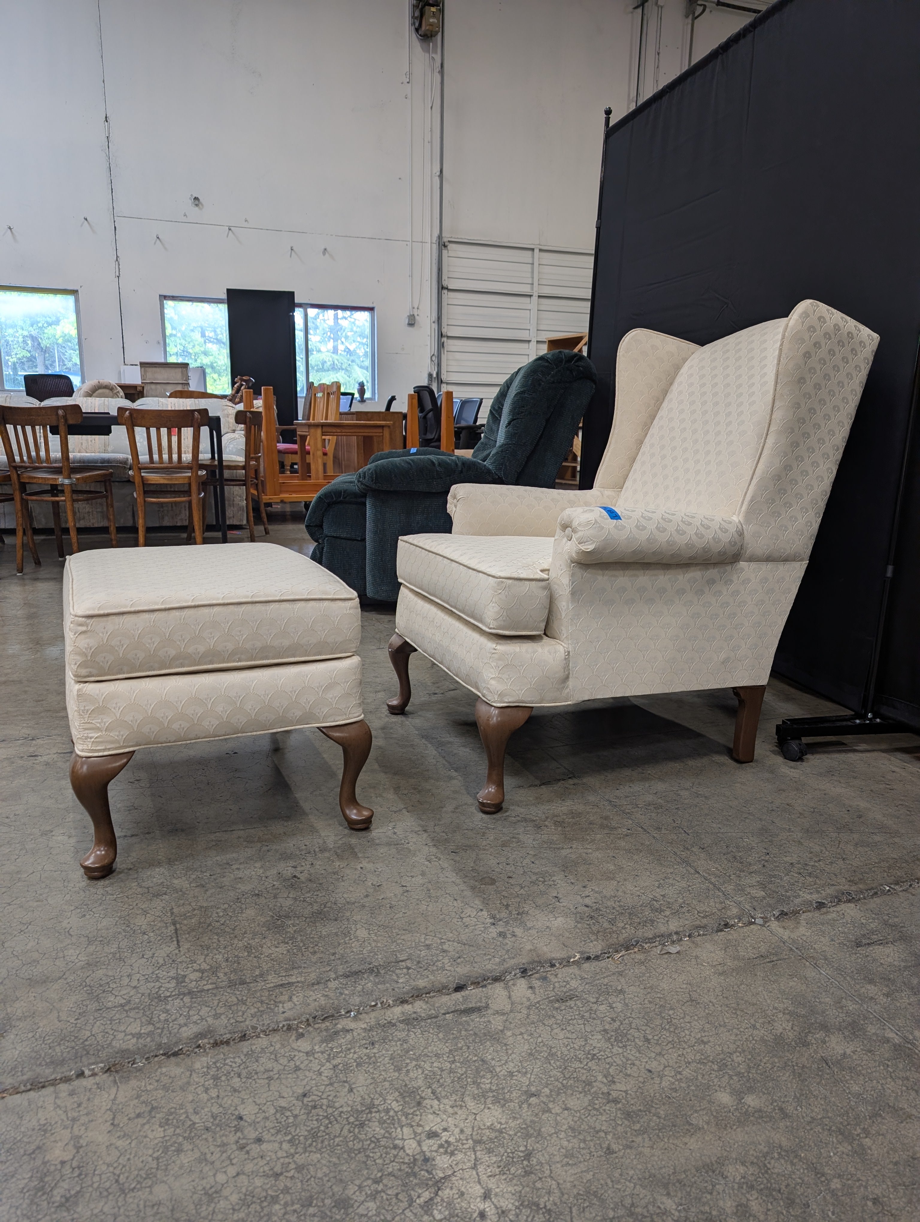 Classic Cream Patterned Wingback Armchair and Ottoman Set