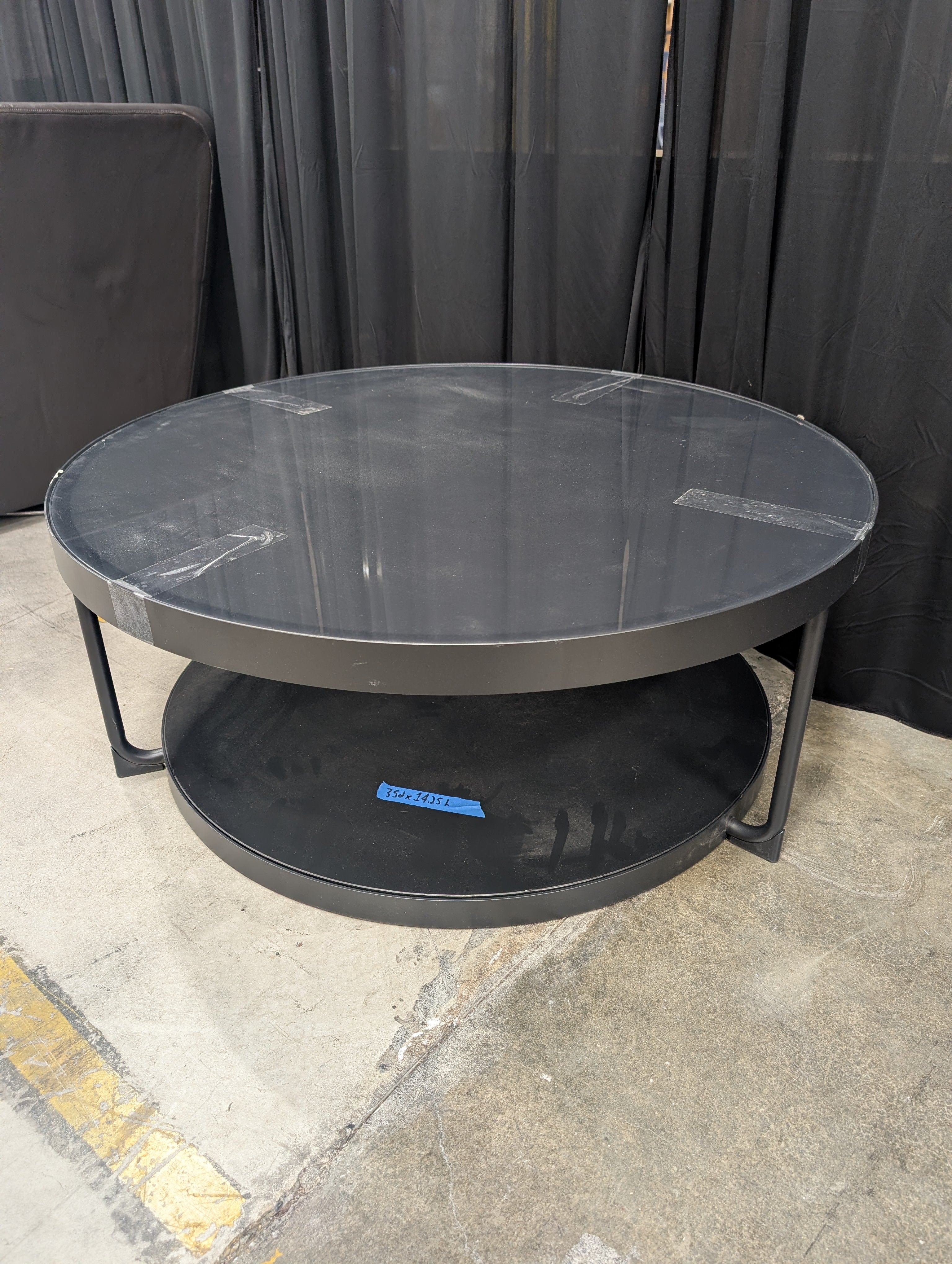Round Glass top Coffee Table with Dark Metal Base