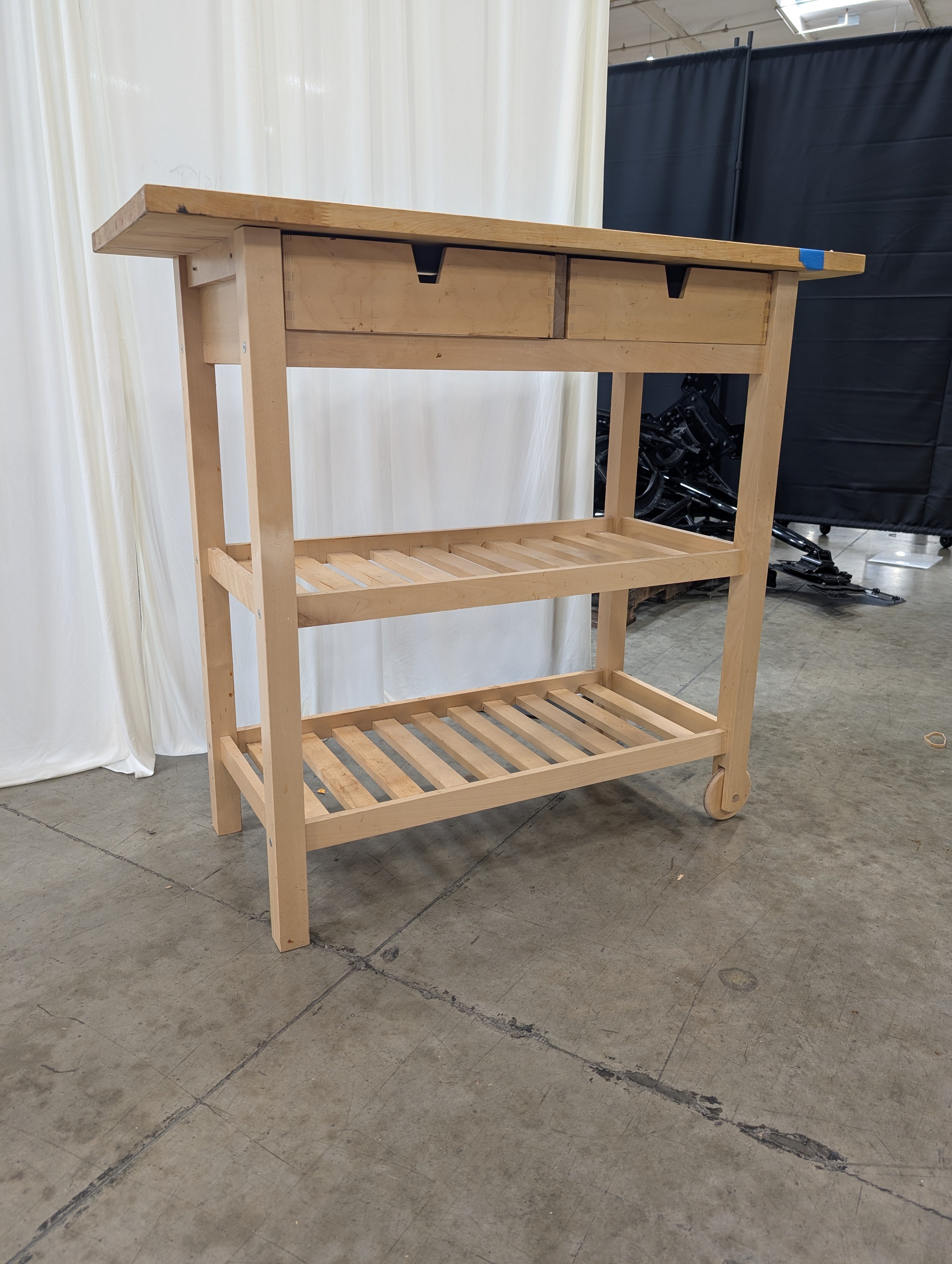 Natural Wood Kitchen Island Cart with Drawers and Slatted Shelves