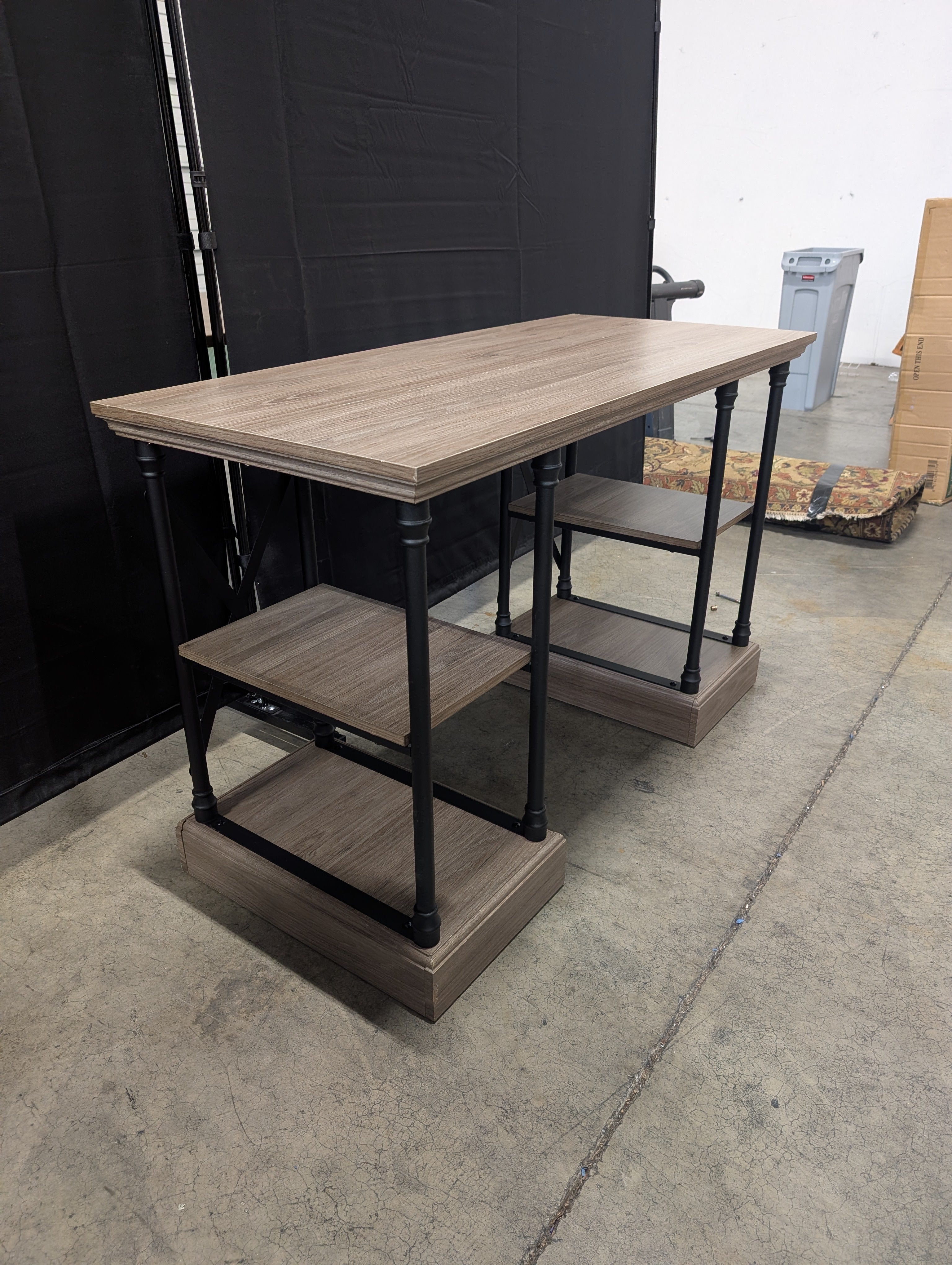 Light Wood Grain Laminate Desk with Black Metal Supports