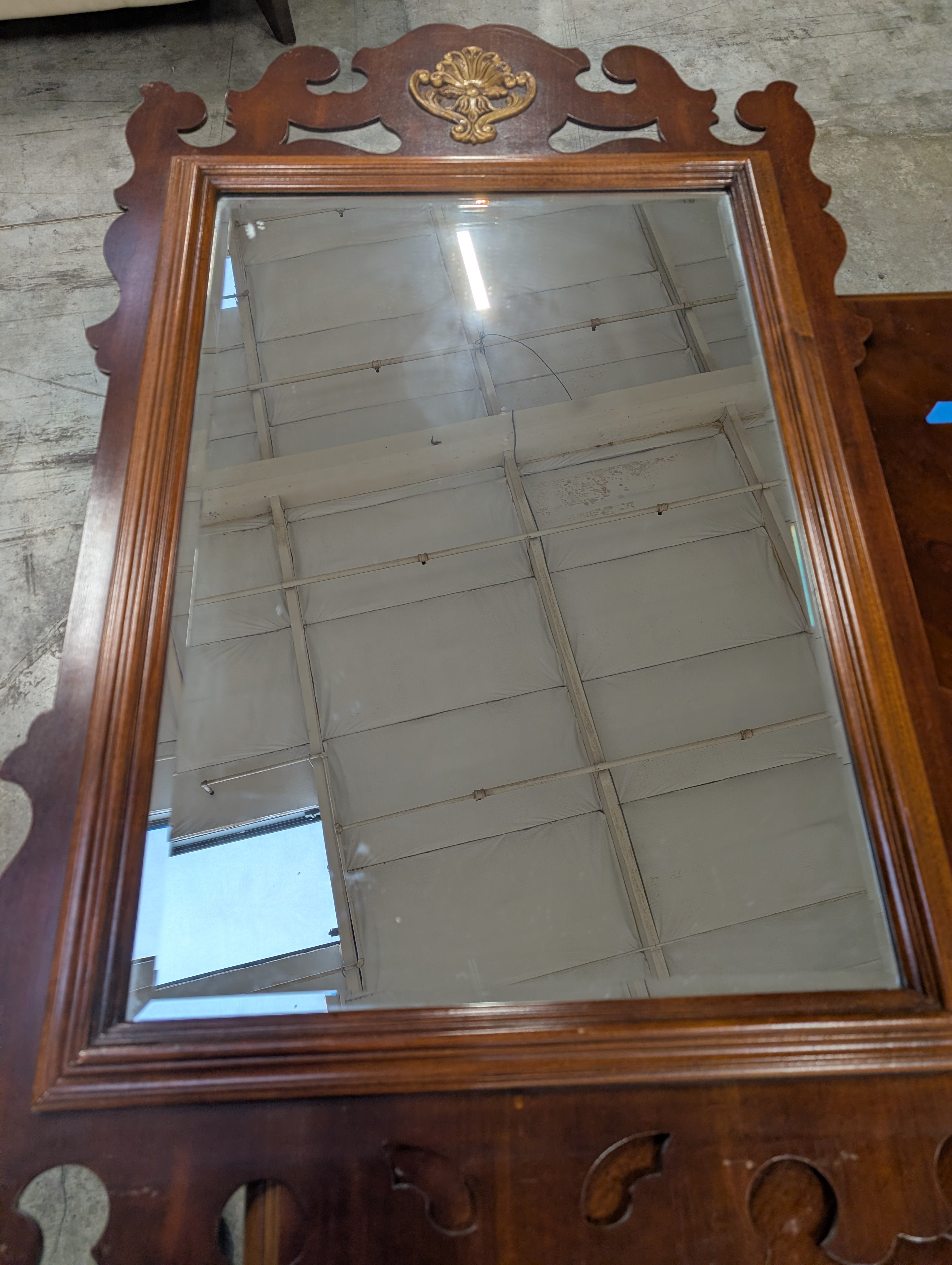 Ornate Scrolled Dark Wood Wall Mirror with Gilded Shell Accent