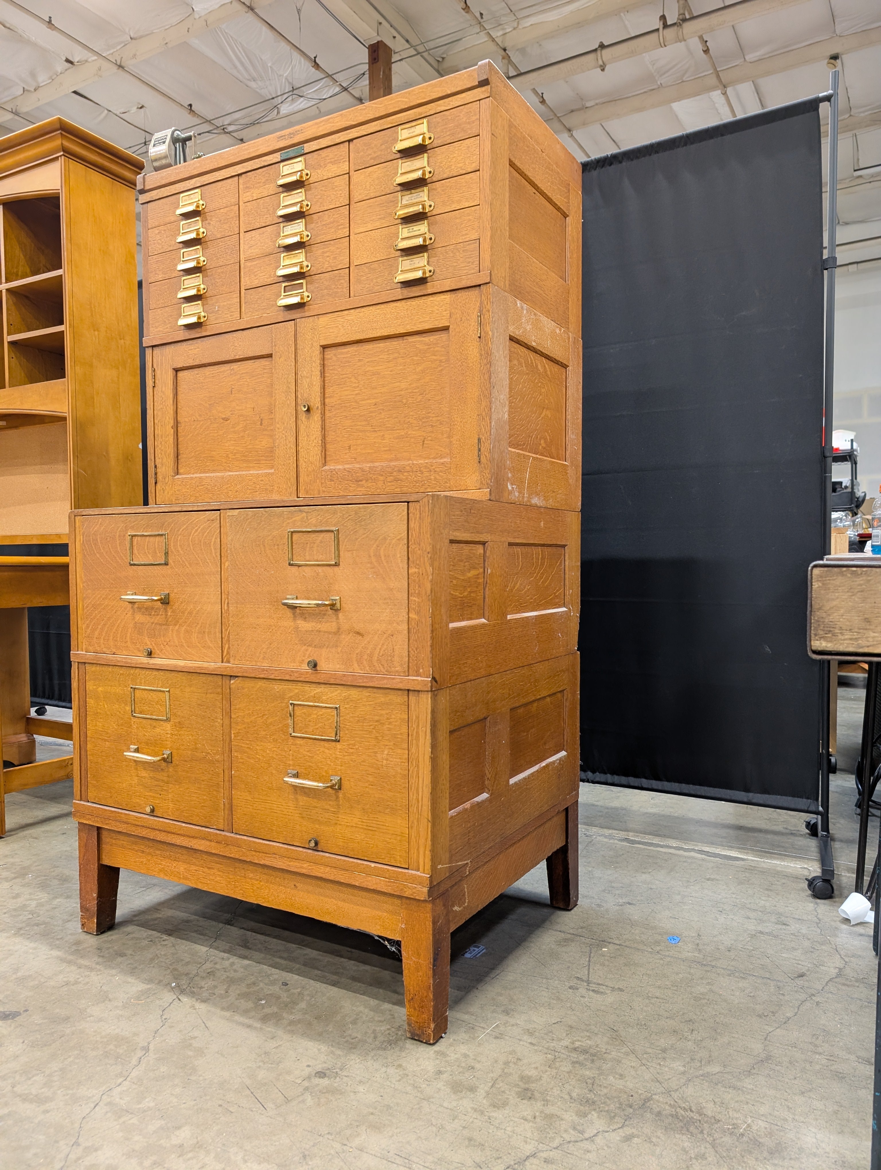 Vintage Yawman & Erbe Manufacturing Co. Oak Multi-Drawer Filing Cabinet with Brass Hardware