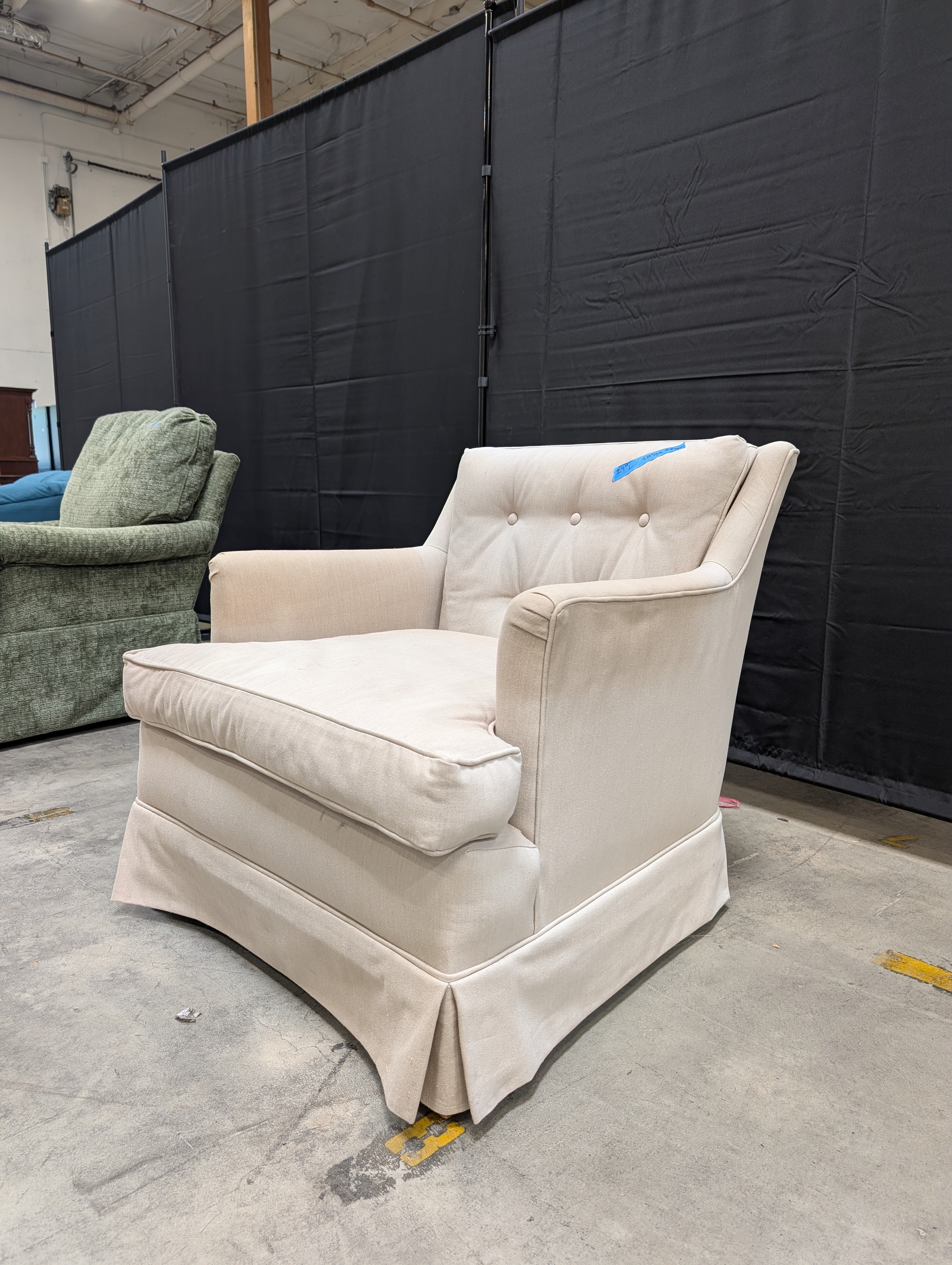 Tufted Beige Fabric Armchair with Rolled Arms