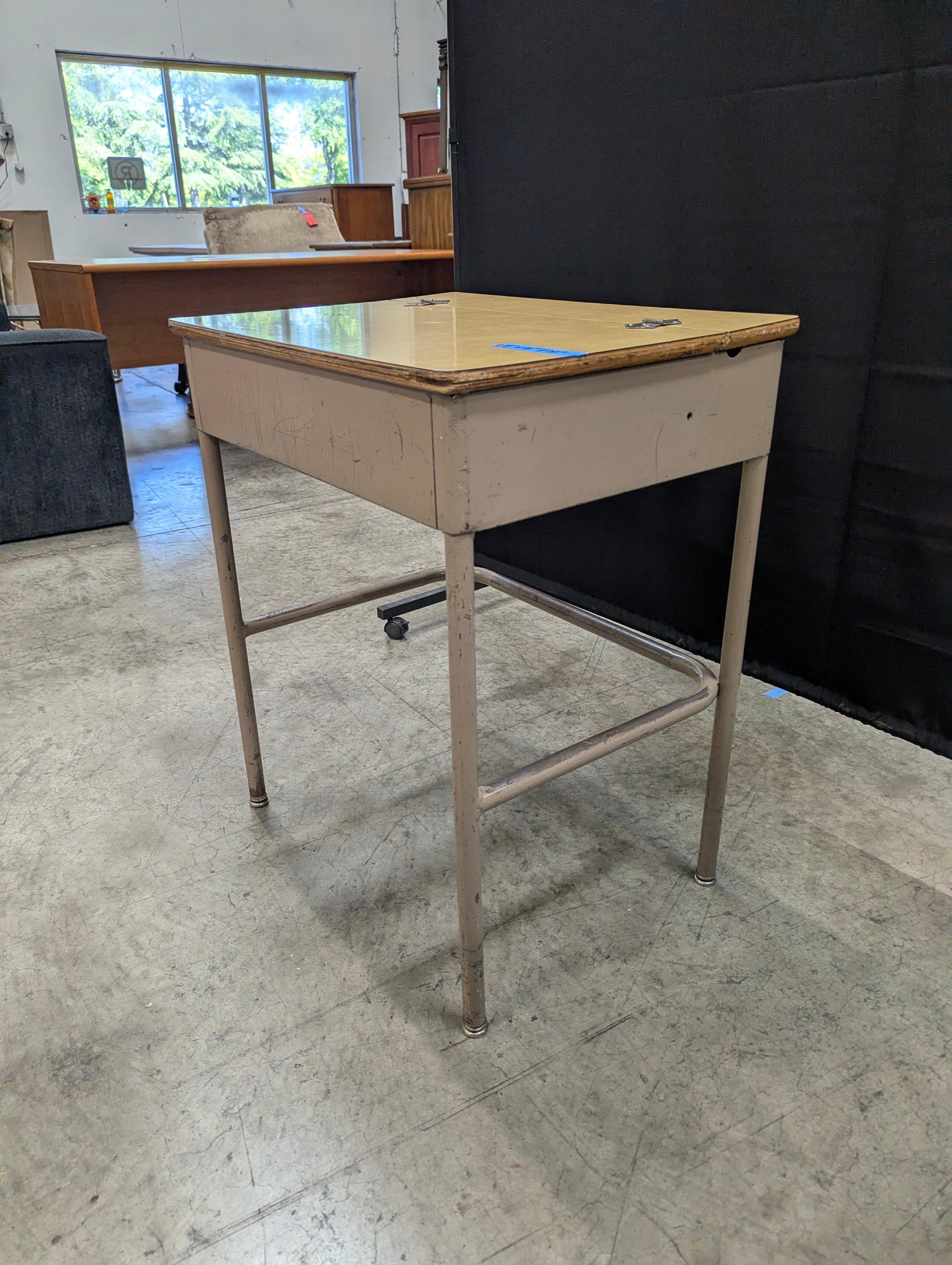 Vintage Light Wood Lift-Top School Desk with Metal Frame