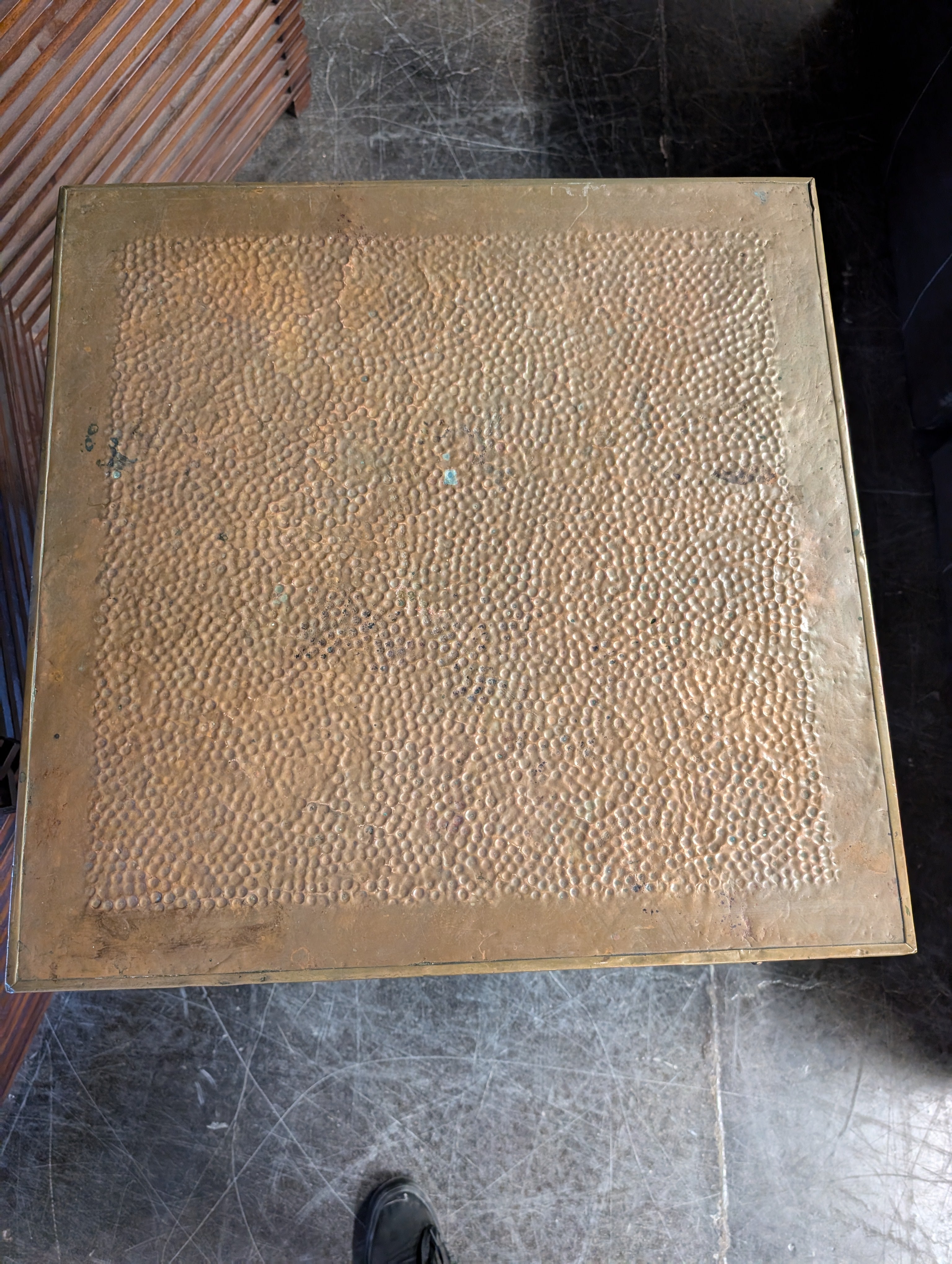 Vintage Hammered Metal Top Wood Side Table