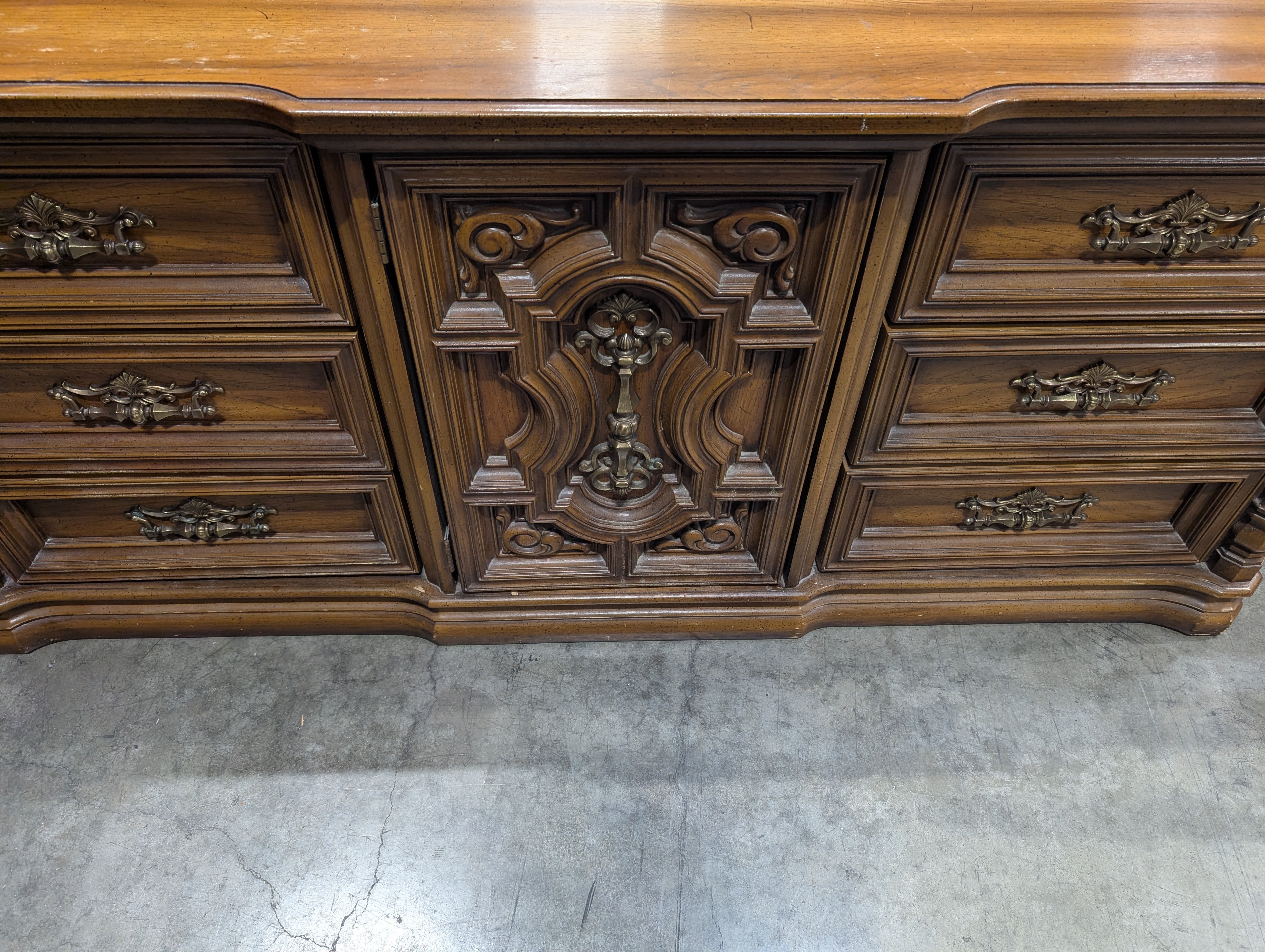 Ornate Traditional Dark Wood Dresser with Nine Drawers and Two Carved Mirrors