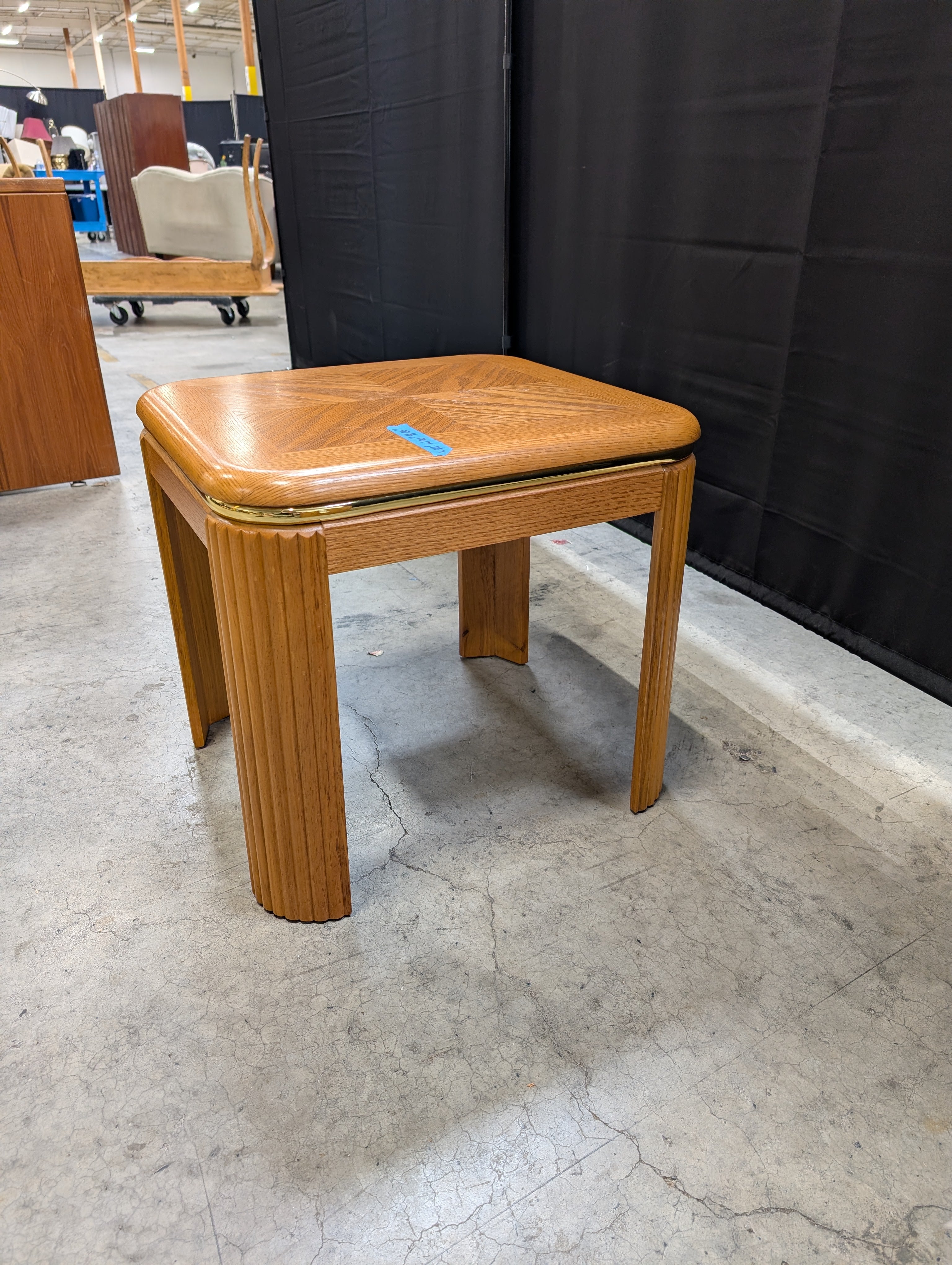 Vintage Light Wood Parquet Top End Table with Fluted Legs