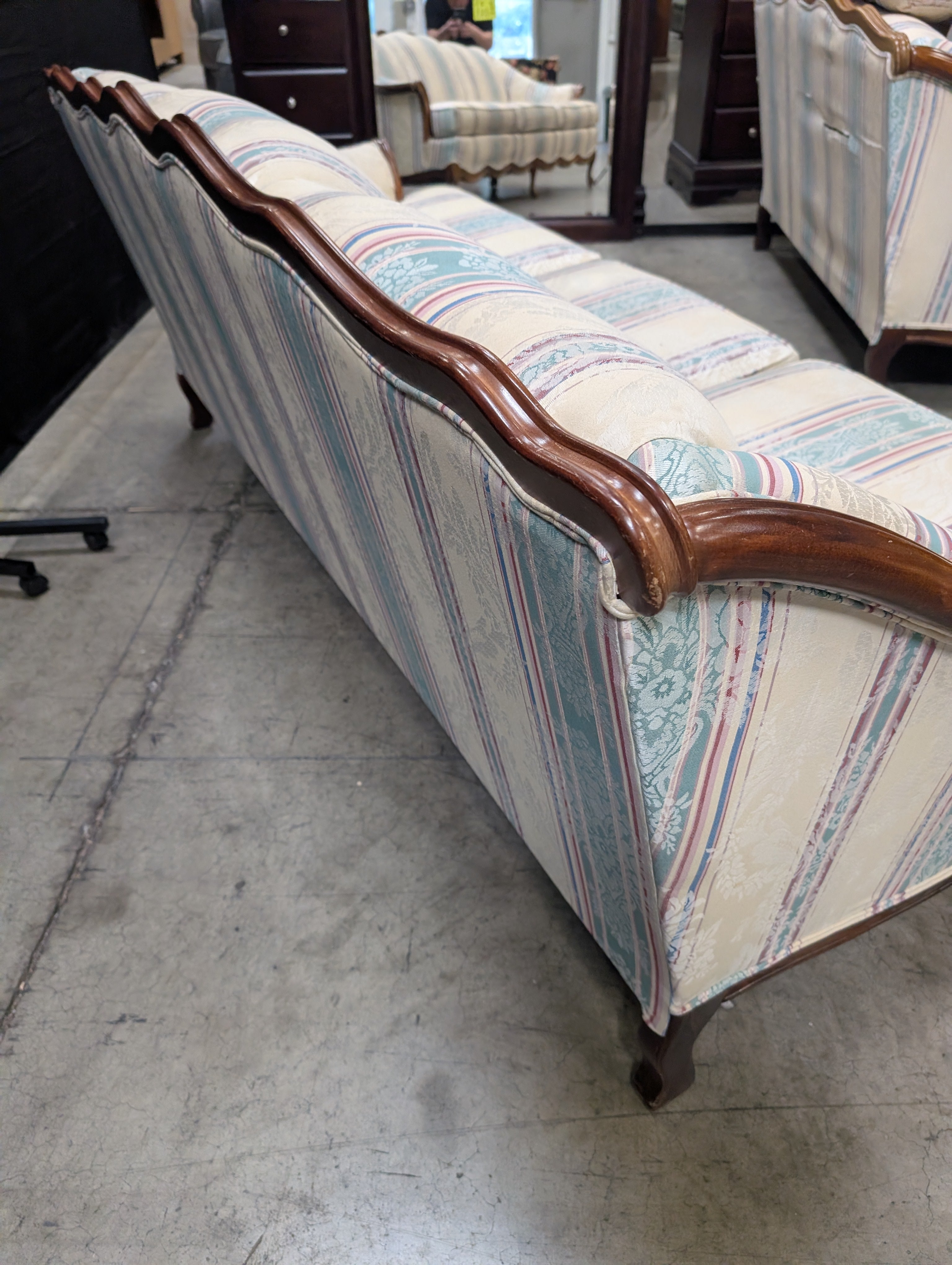 Cochrane Furniture Company Three-Seater Sofa with Carved Wood Frame