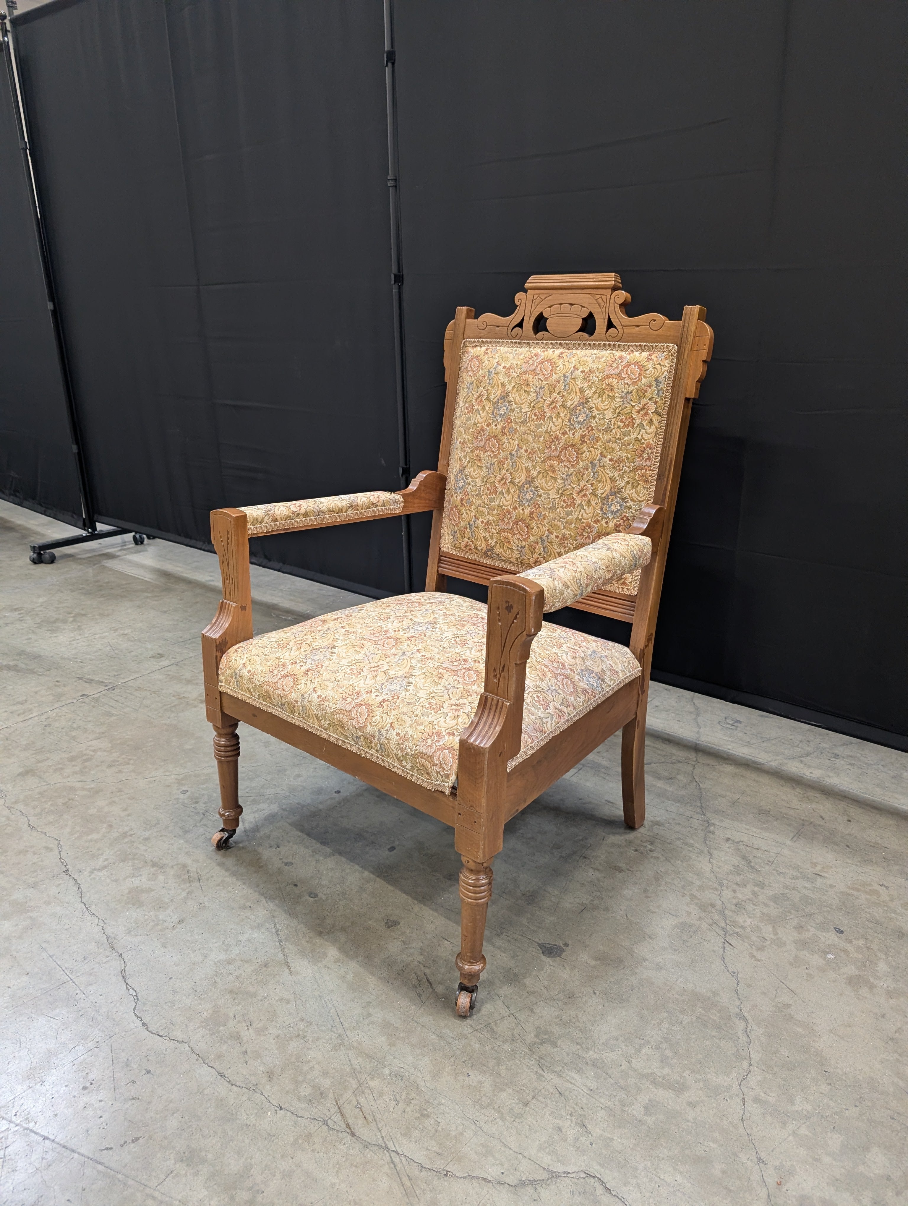 Vintage Carved Wood Armchair with Floral Upholstery