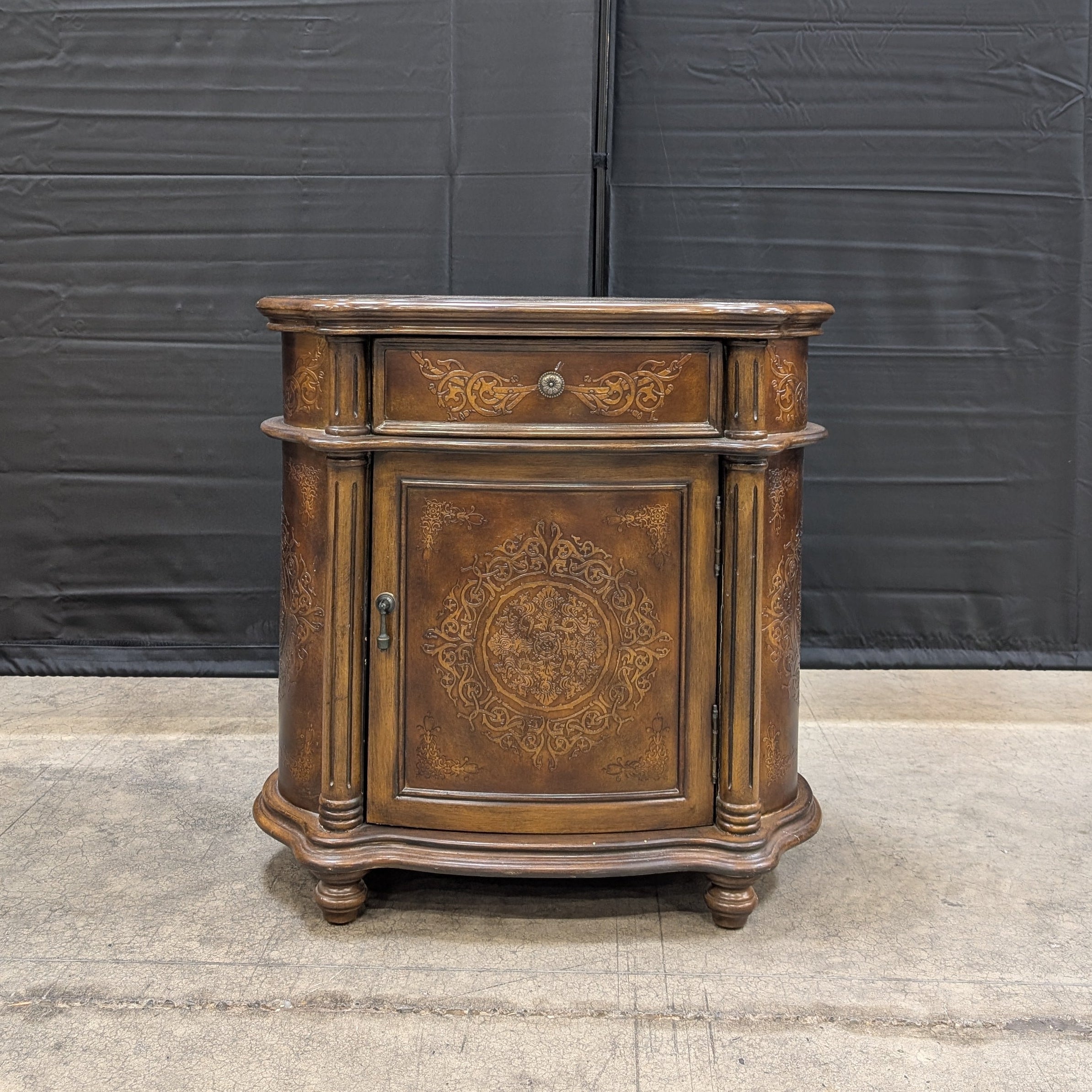 Ornate Dark Wood Accent Cabinet with Drawer