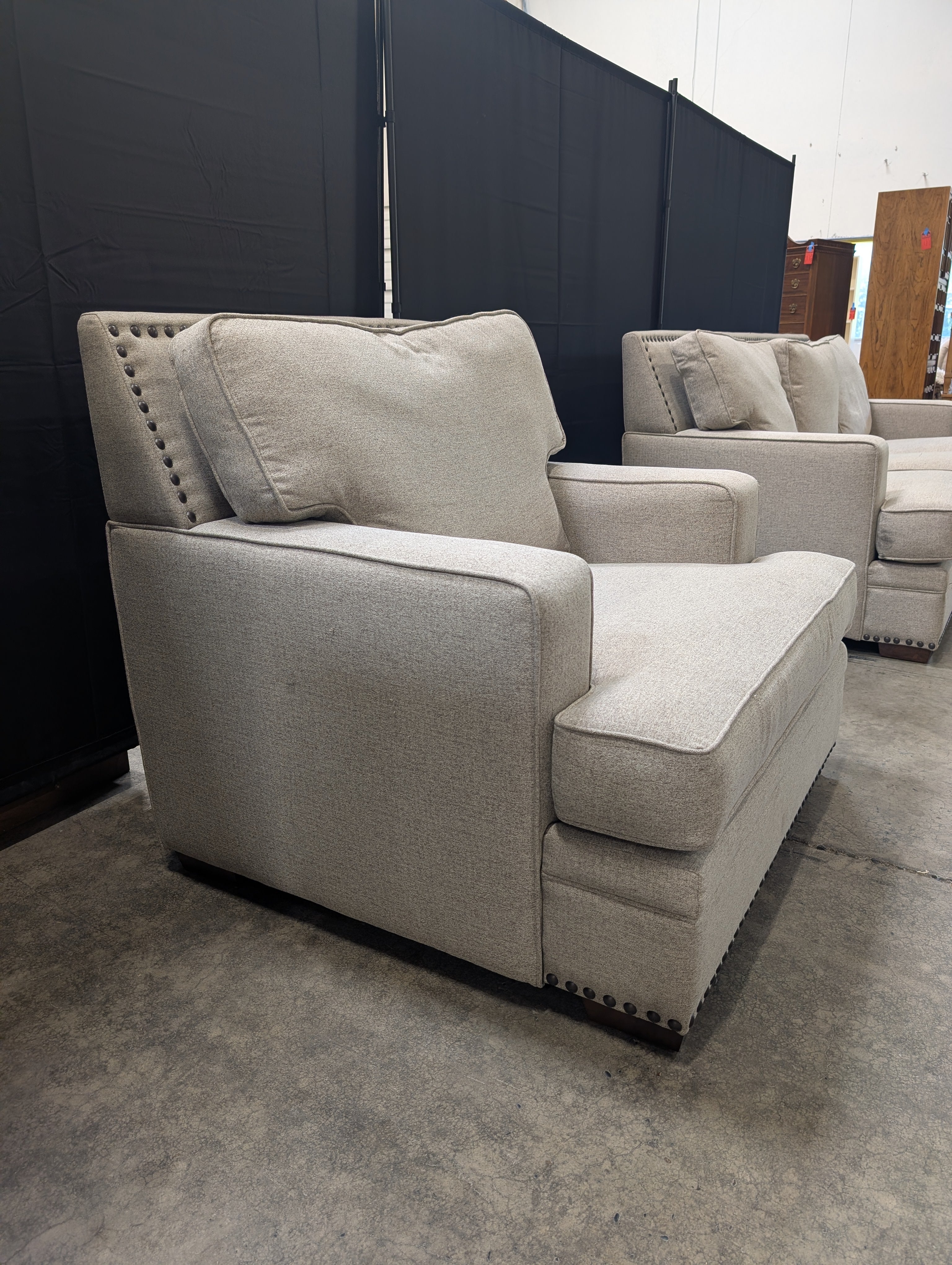 Grey Fabric Upholstered Armchair with Nailhead Trim