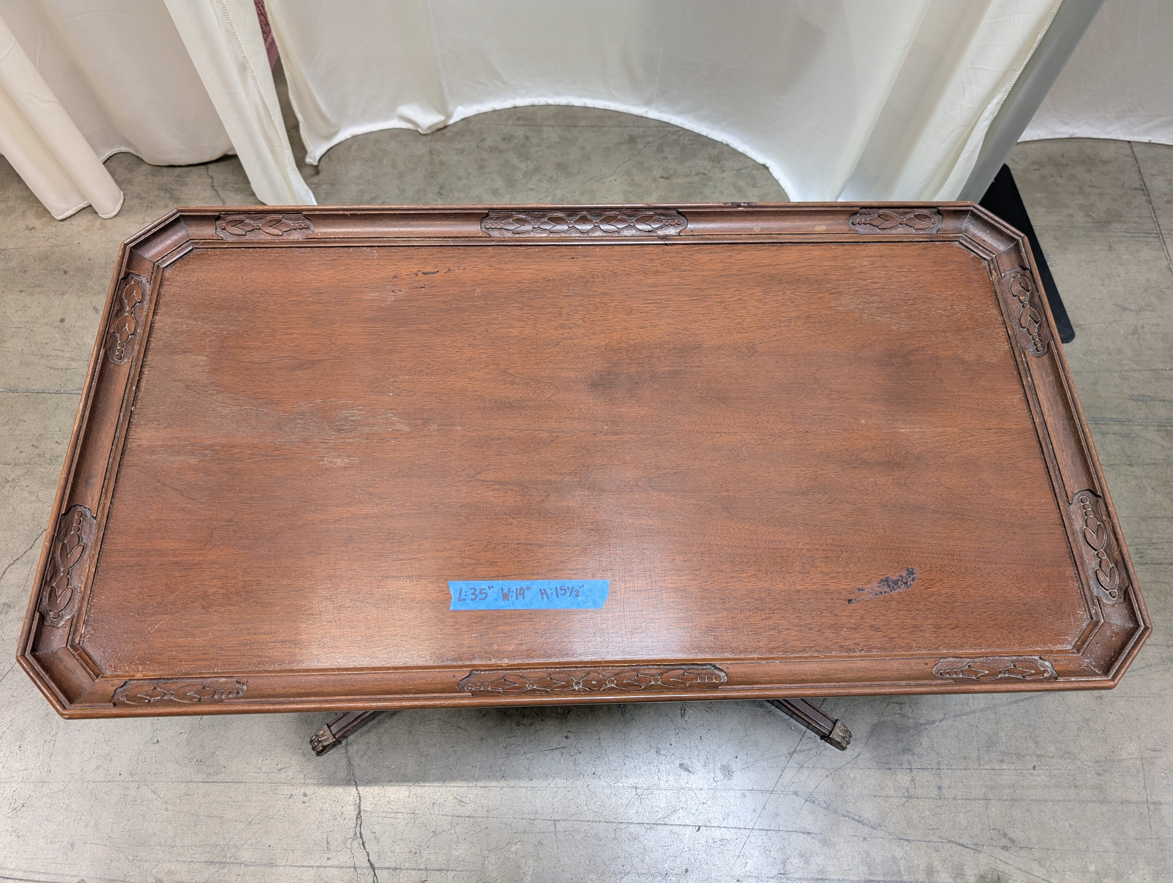 Carved Wood Coffee Table with Glass Insert