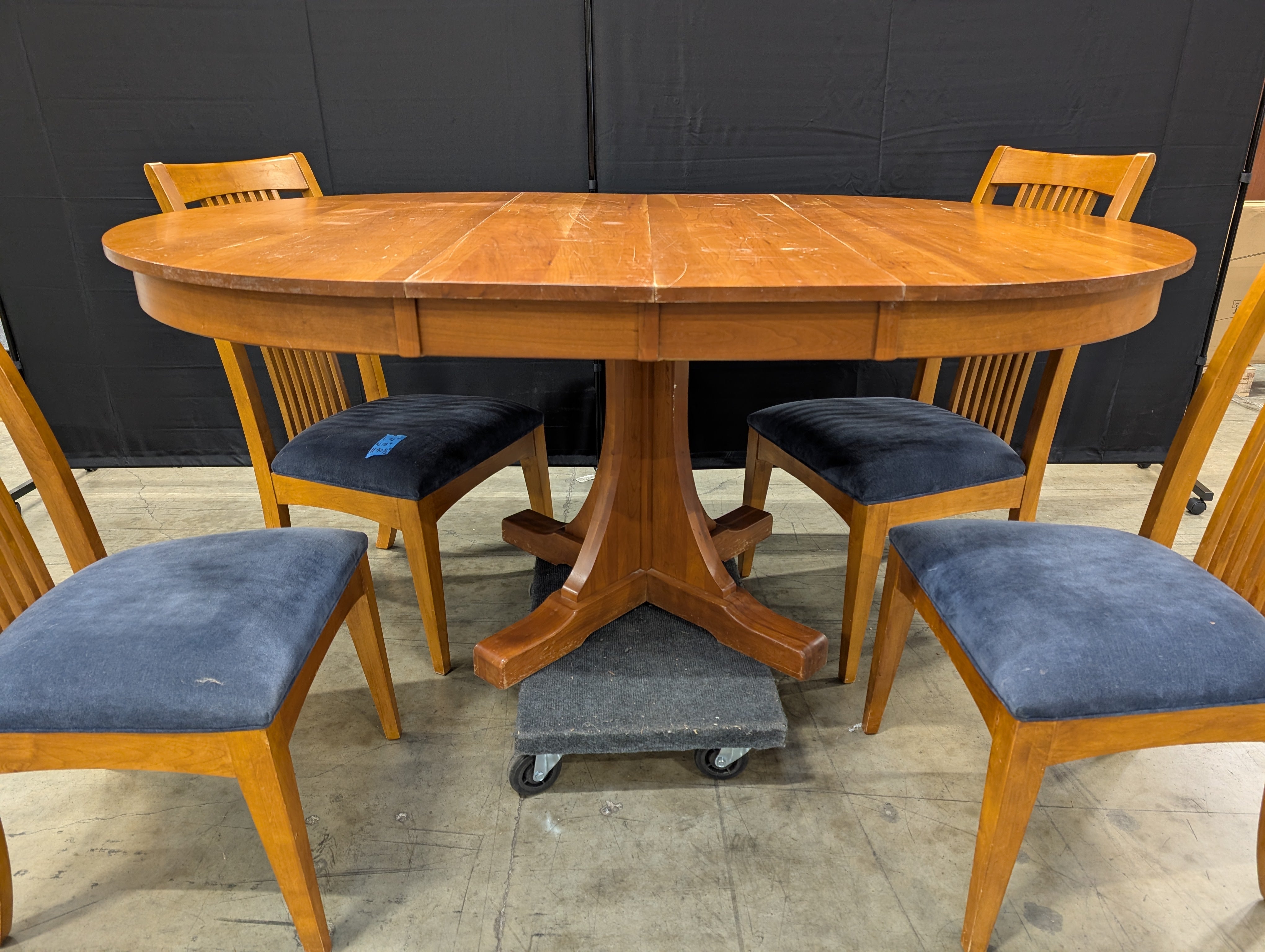 Classic Wood Pedestal Dining Table and Four Slat Back Chairs