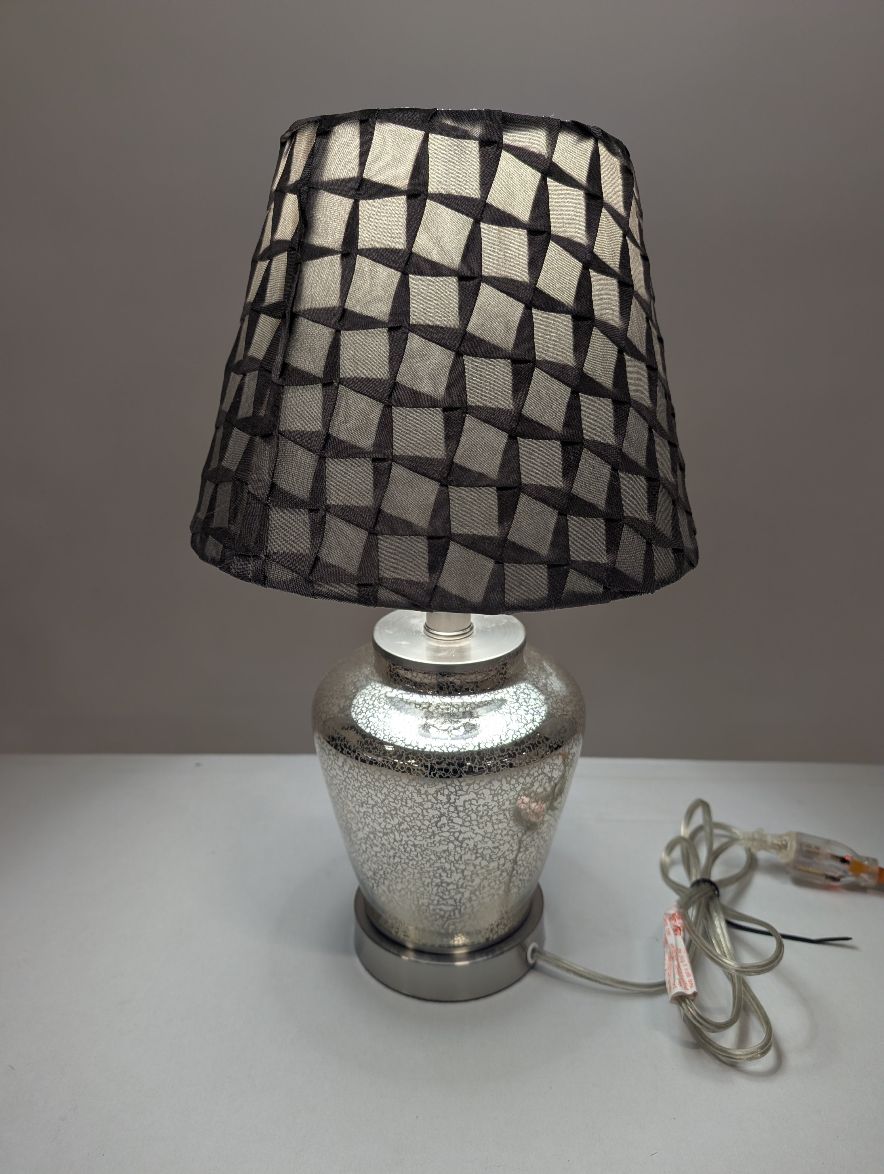 Silver Mercury Glass Table Lamp with Textured Gray Fabric Shade