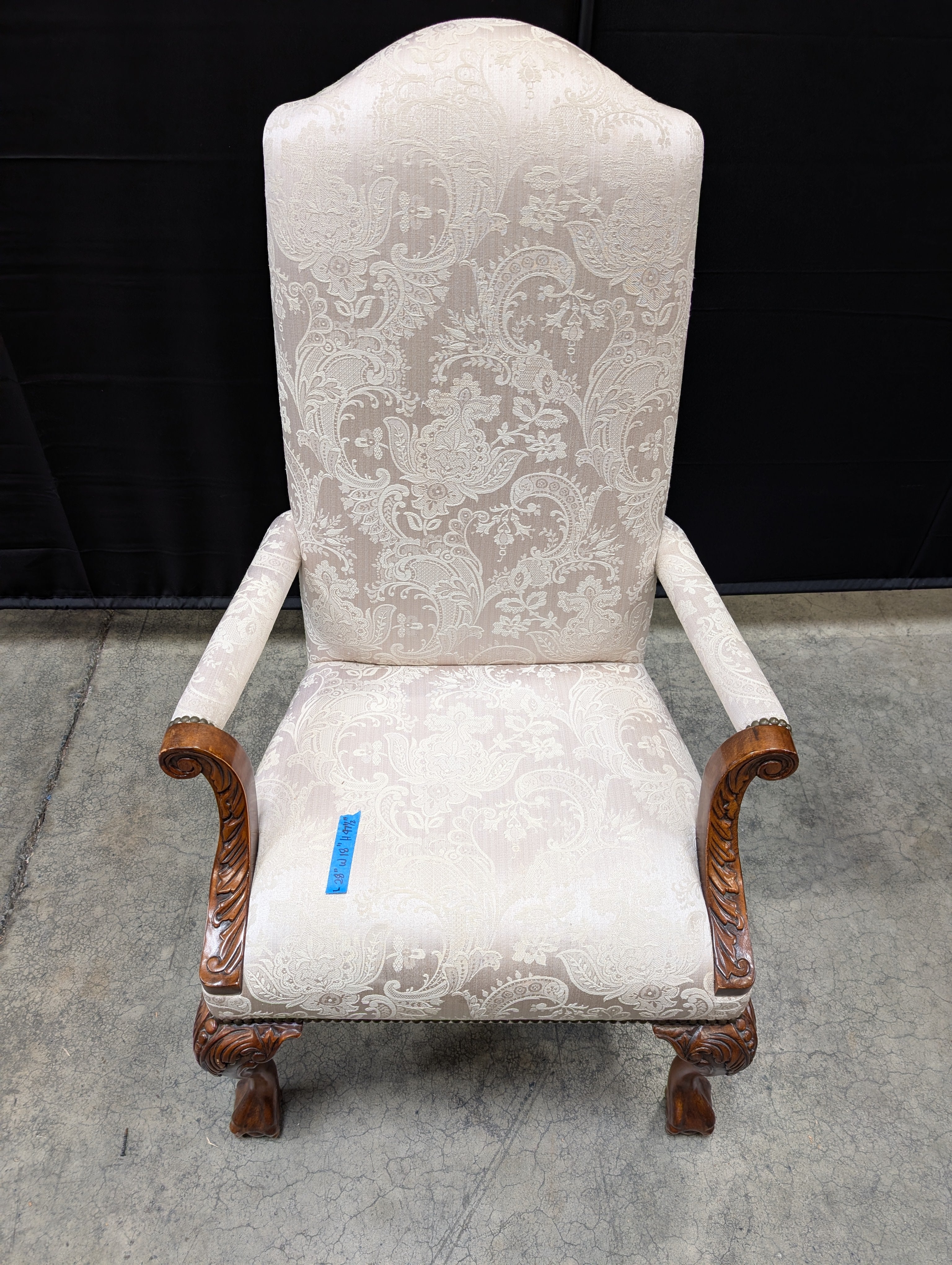 Ornate Carved Wood High-Back Armchair with Damask Upholstery