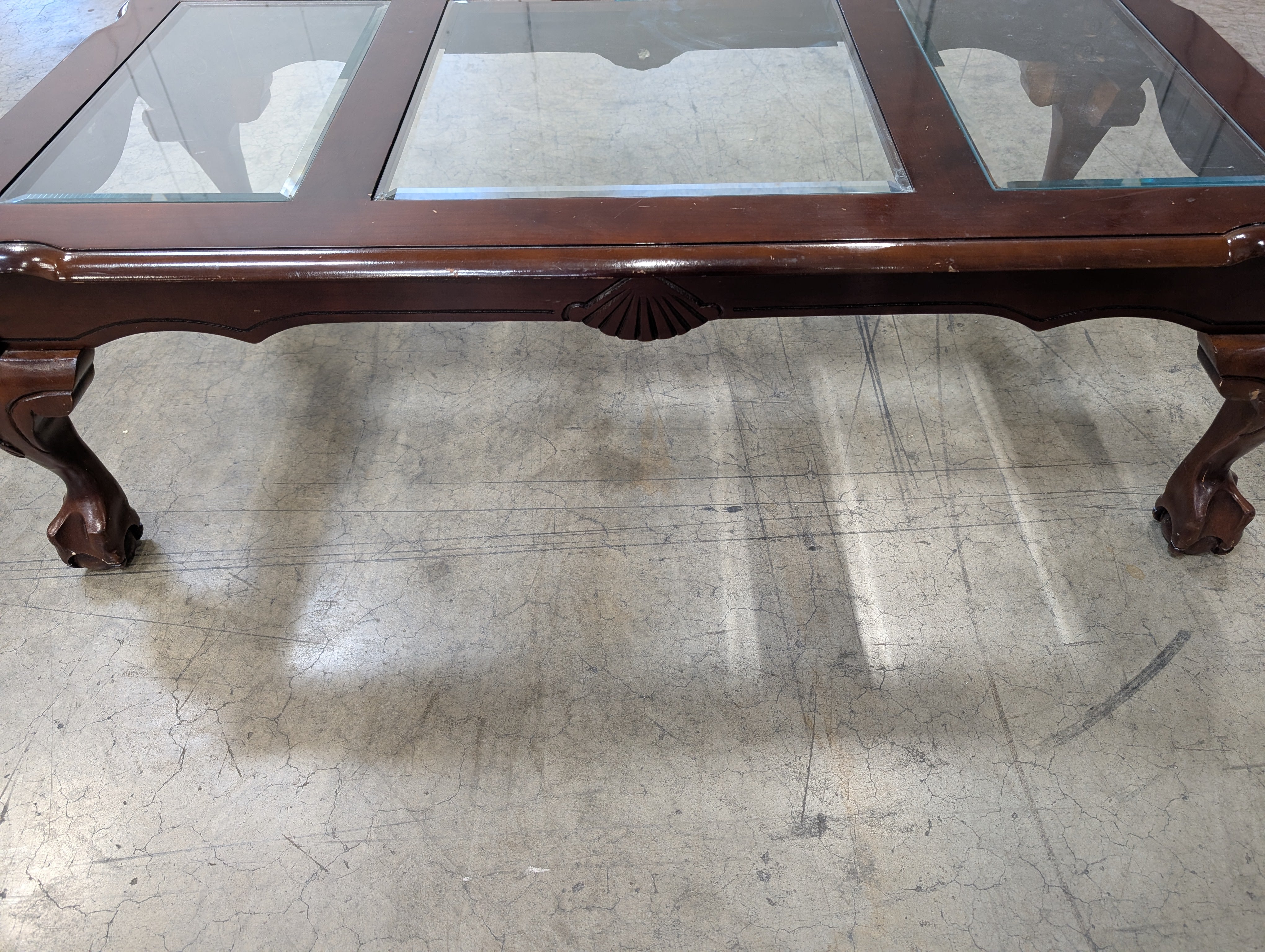 Dark Wood Rectangular Coffee Table with Three Glass Panels
