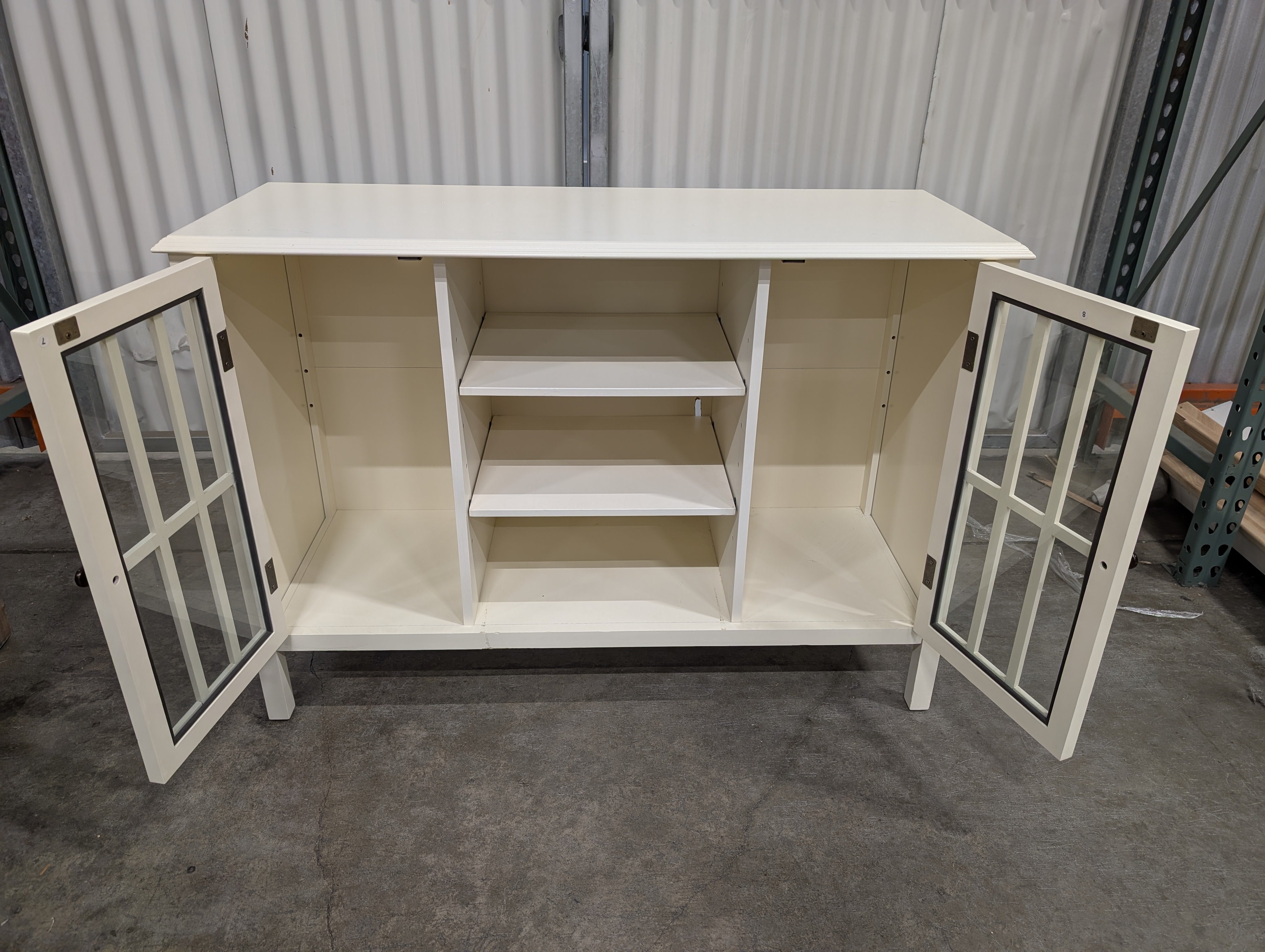 Versatile White Storage Console with Paneled Glass Doors