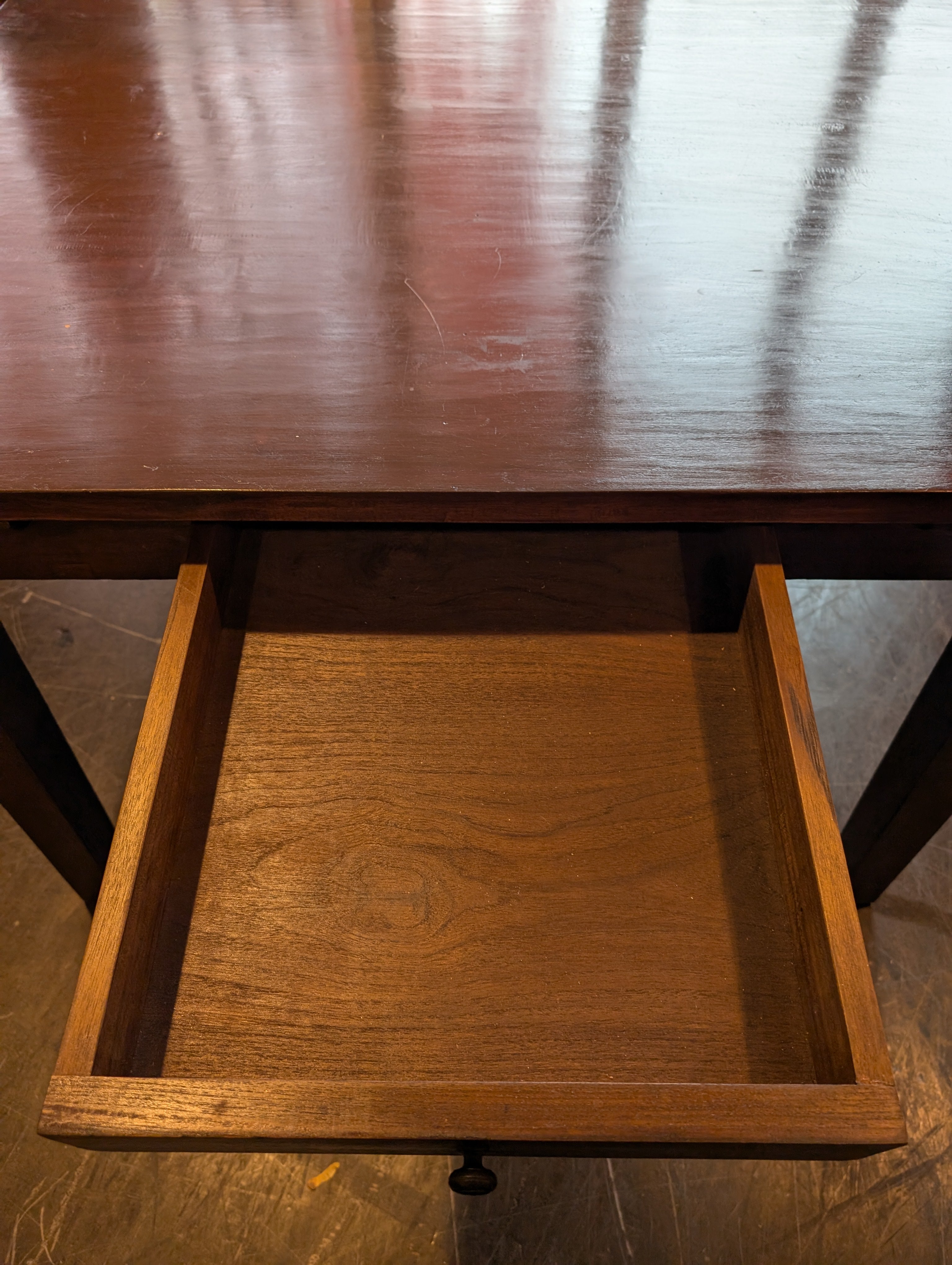 Sturdy Rectangular Dark Wood Dining Table with built in leaf and two drawers