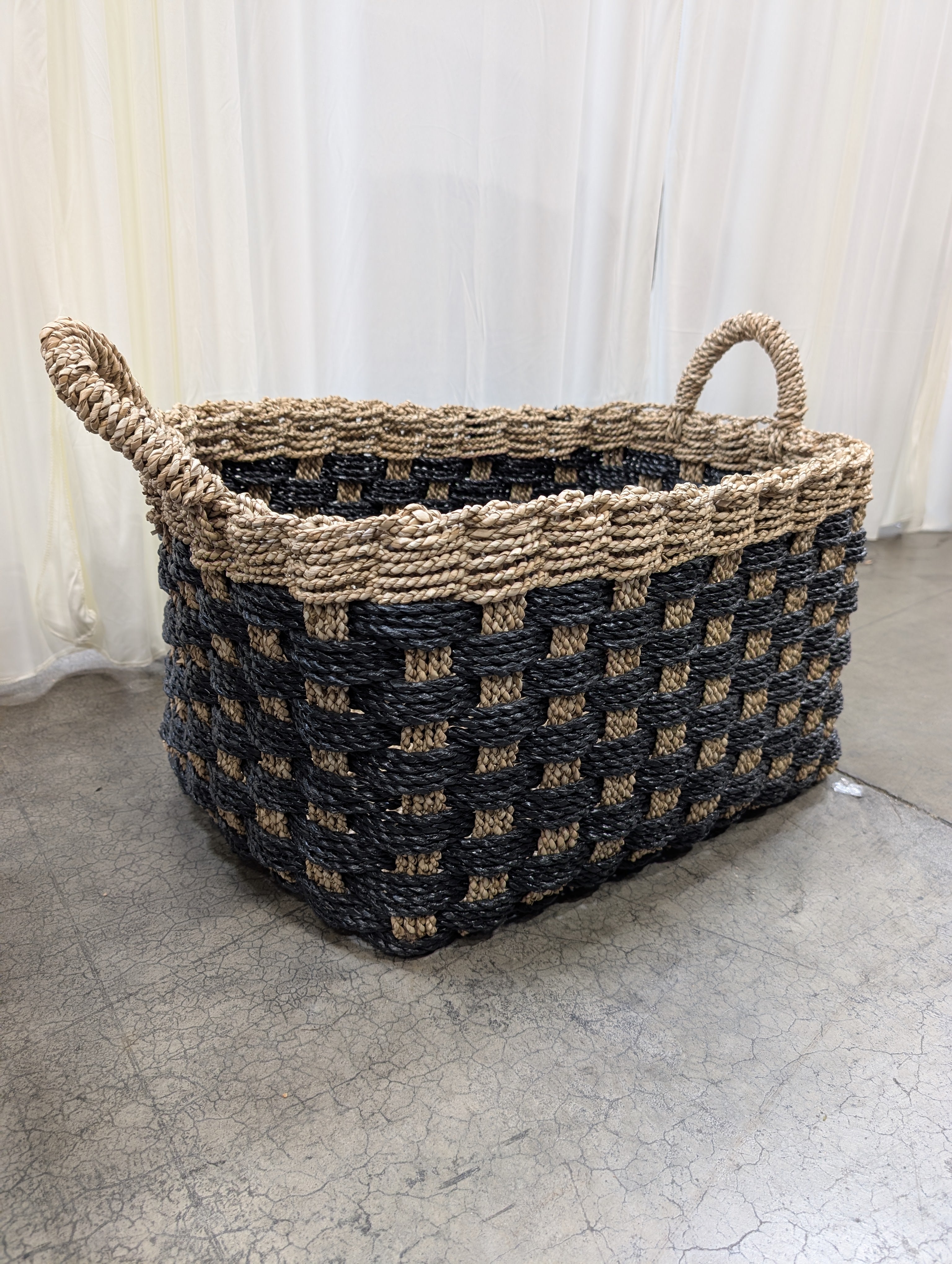 Two-Tone Woven Rectangular Basket with Handles