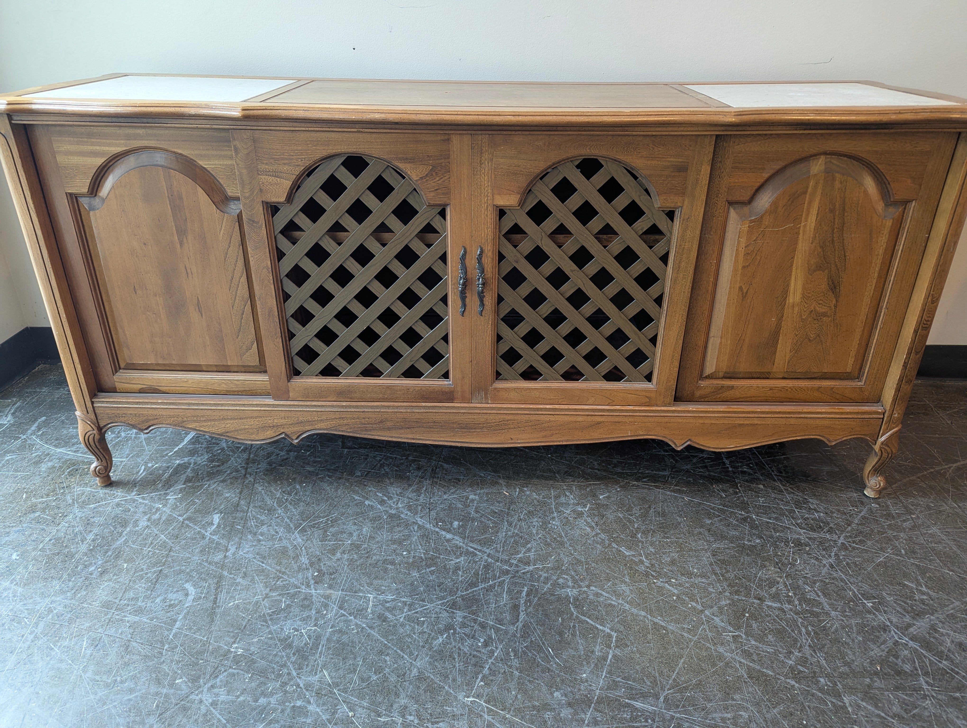 Vintage Wood Sideboard with Lattice Doors and Stone Inlays