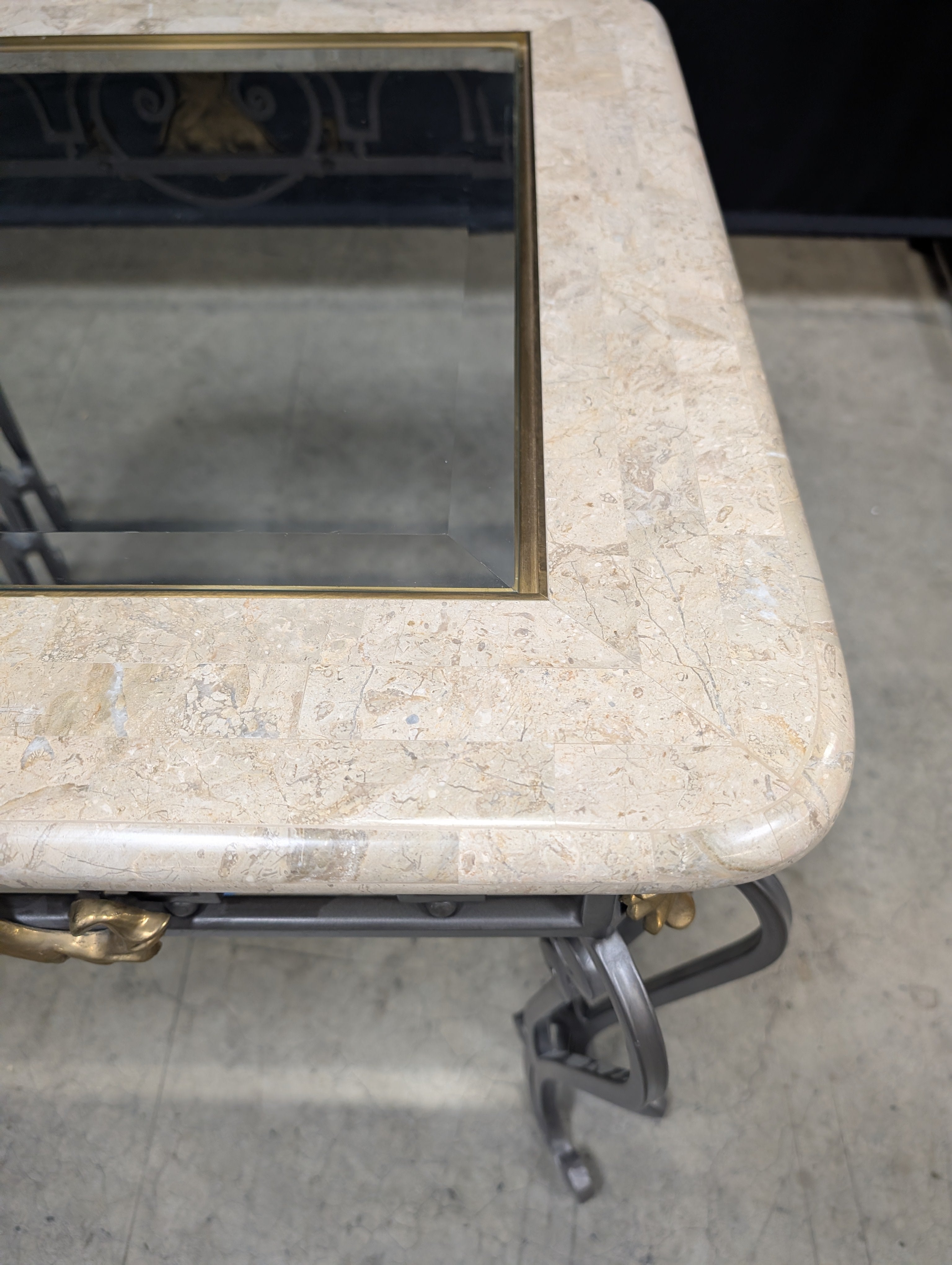 Stone Top Glass Insert Side Table with Scrollwork Metal Base