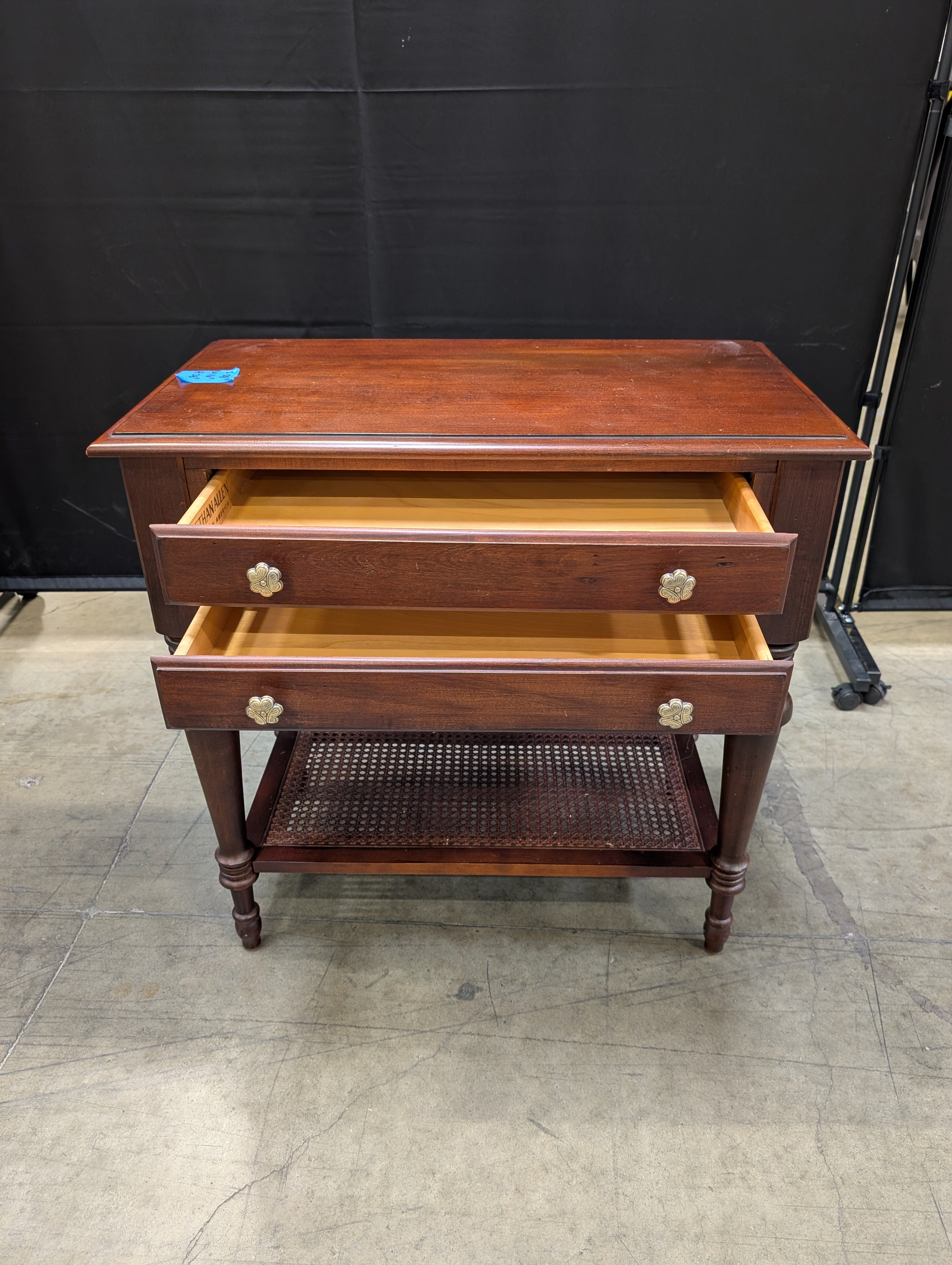 Mahogany Finish Wood ETHAN ALLEN Side Table with Cane Shelf