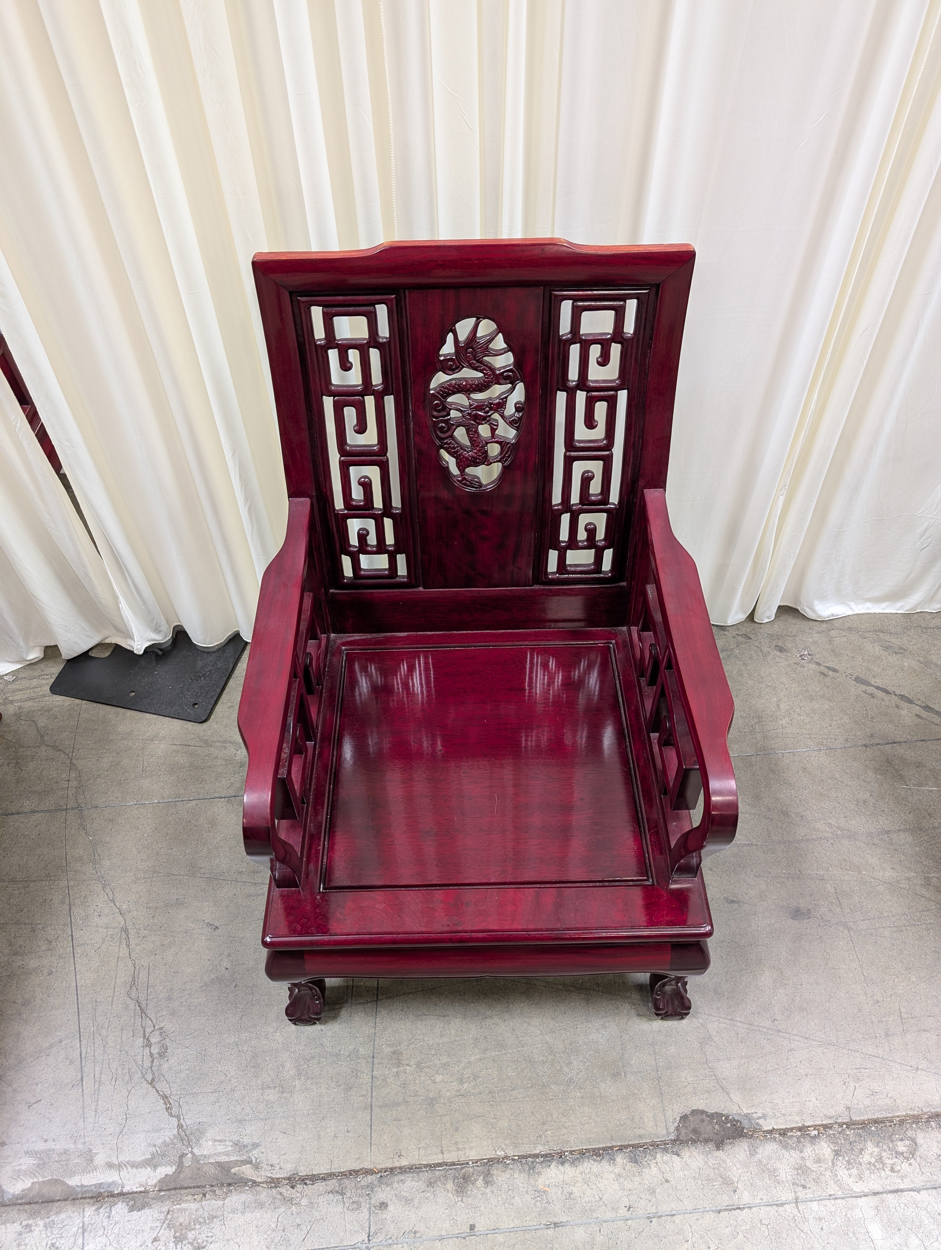 Dark Wood Carved Arm Chair with Red Cushion