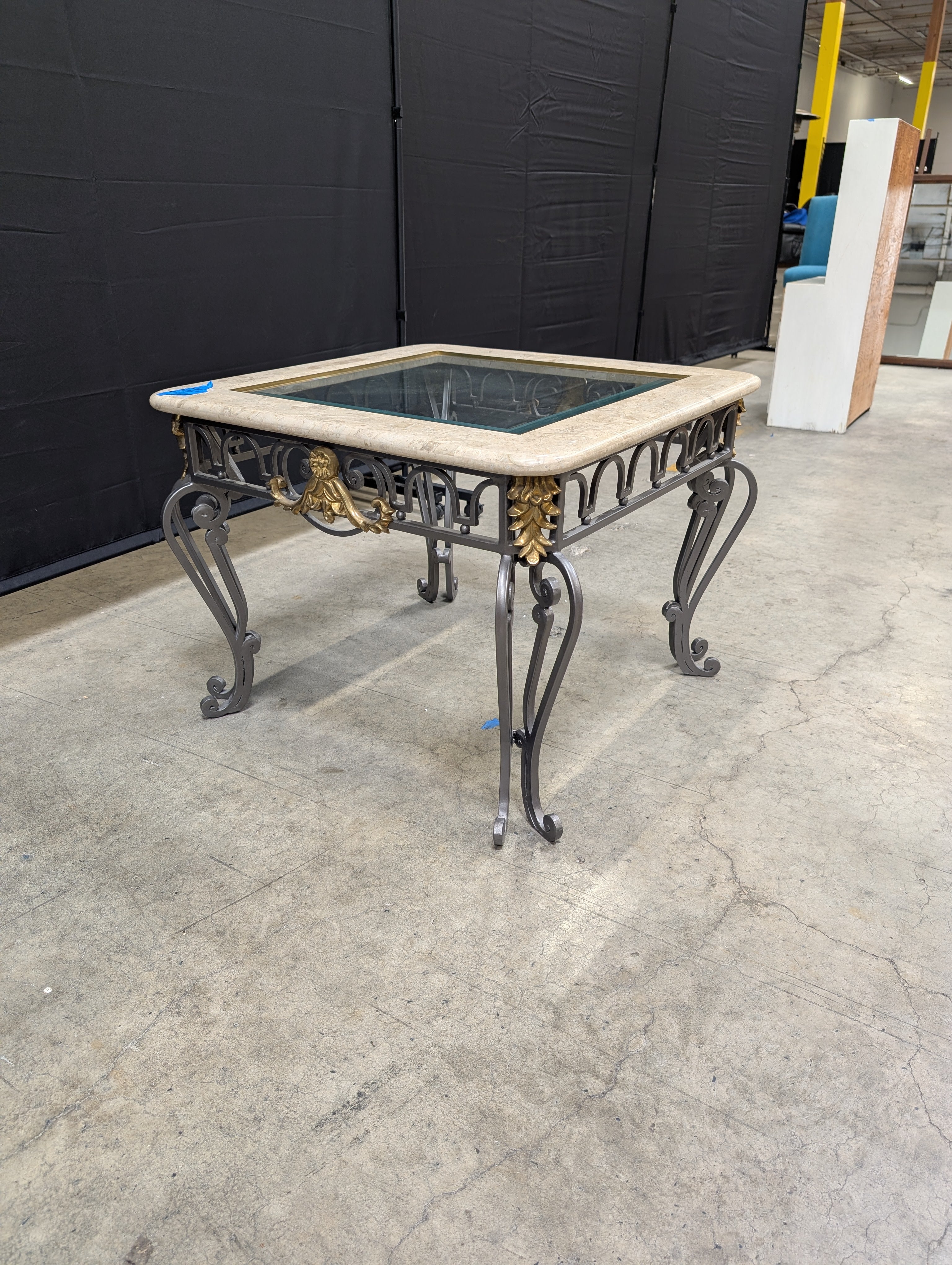 Stone Top Glass Insert Side Table with Scrollwork Metal Base