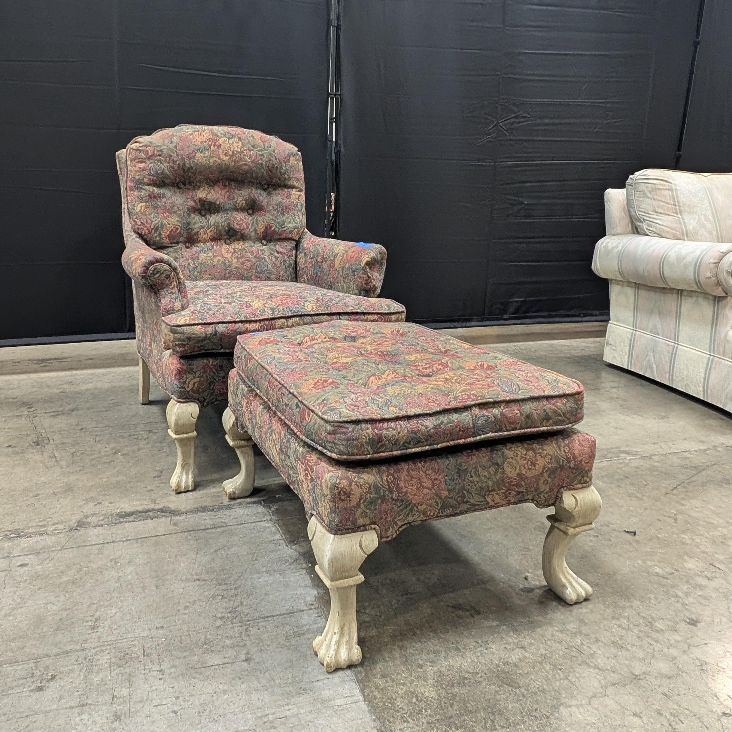Used Traditional Floral Pattern Upholstered Armchair with Claw Feet