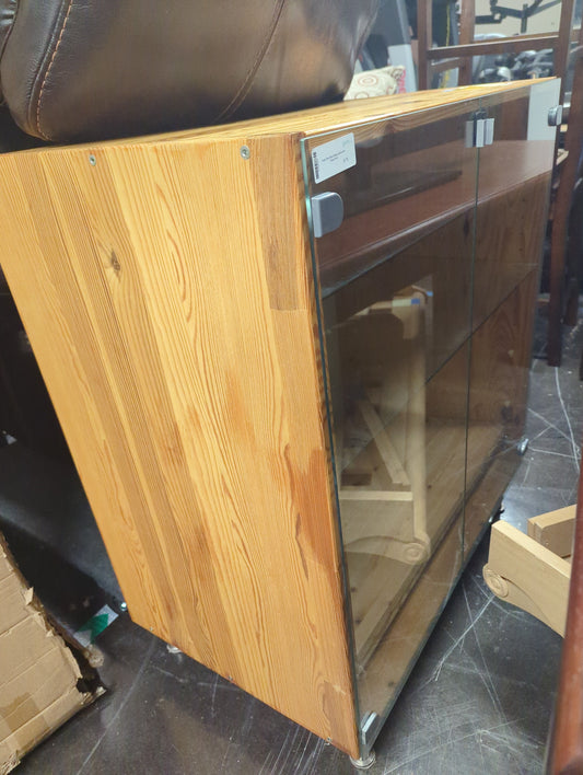 Rustic Pine Wood Display Cabinet with Glass Doors