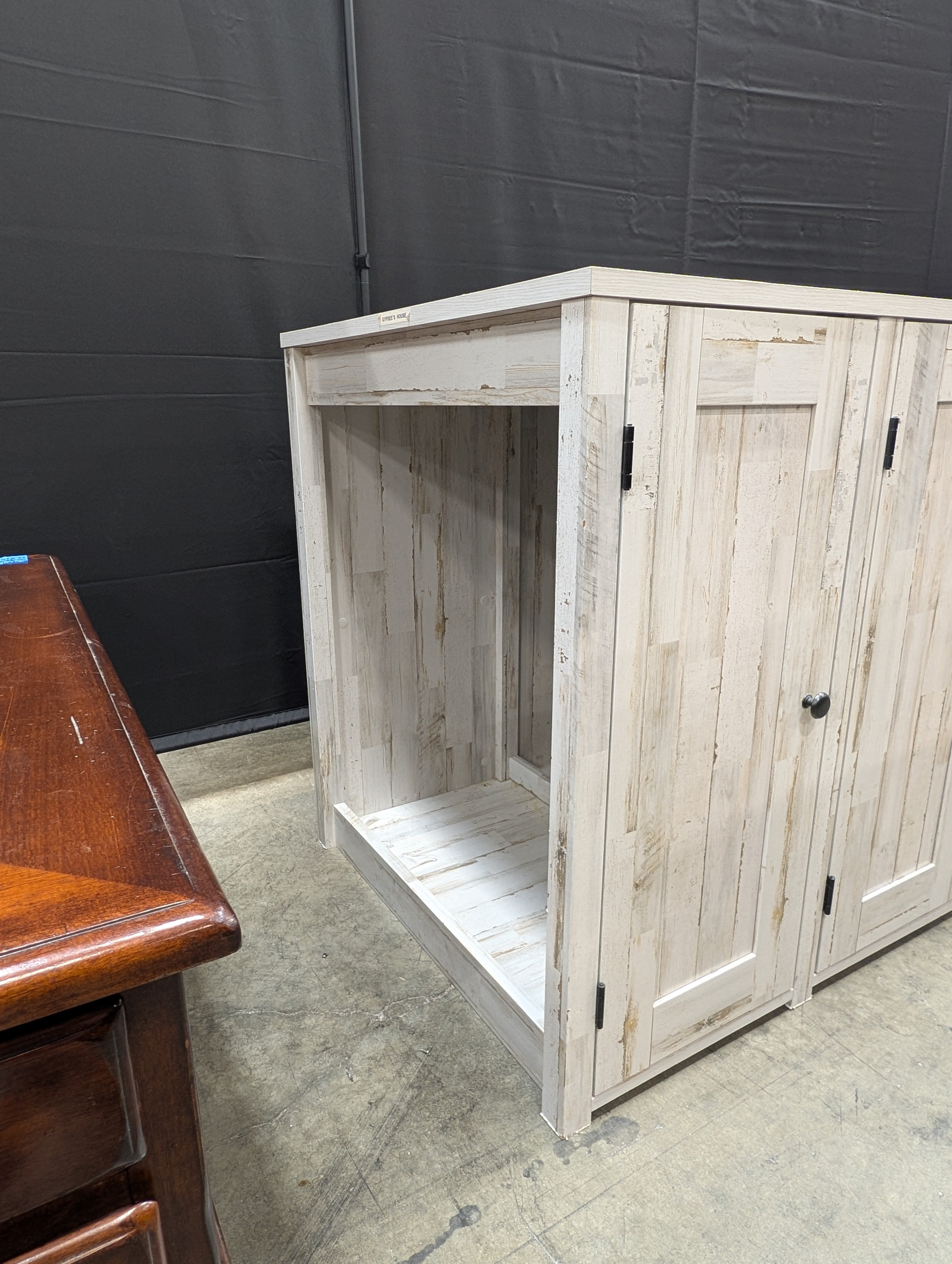 Distressed White Plank Wood Storage Cabinet