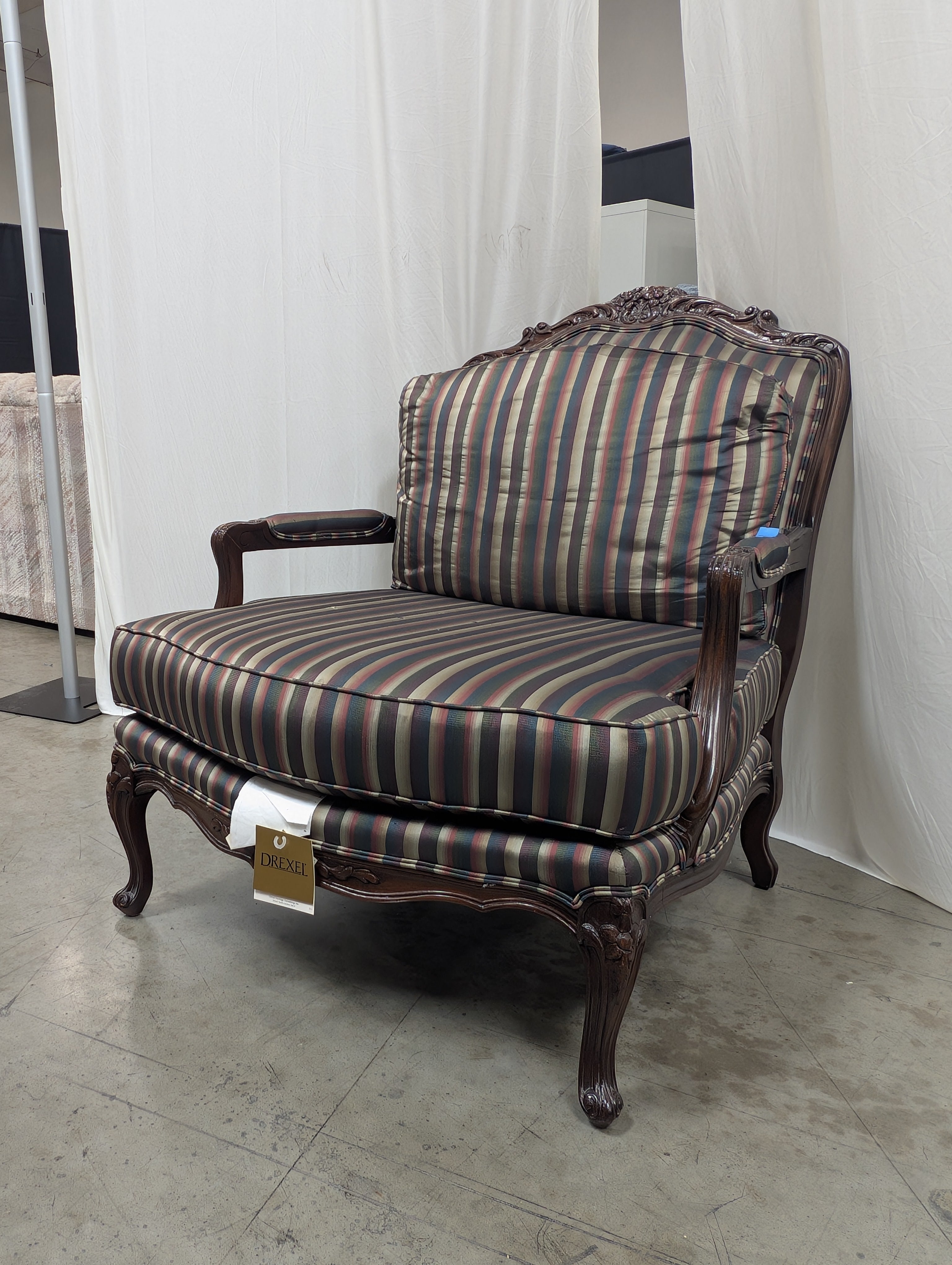 Carved Wood Drexel Accent Armchair with Striped Upholstery