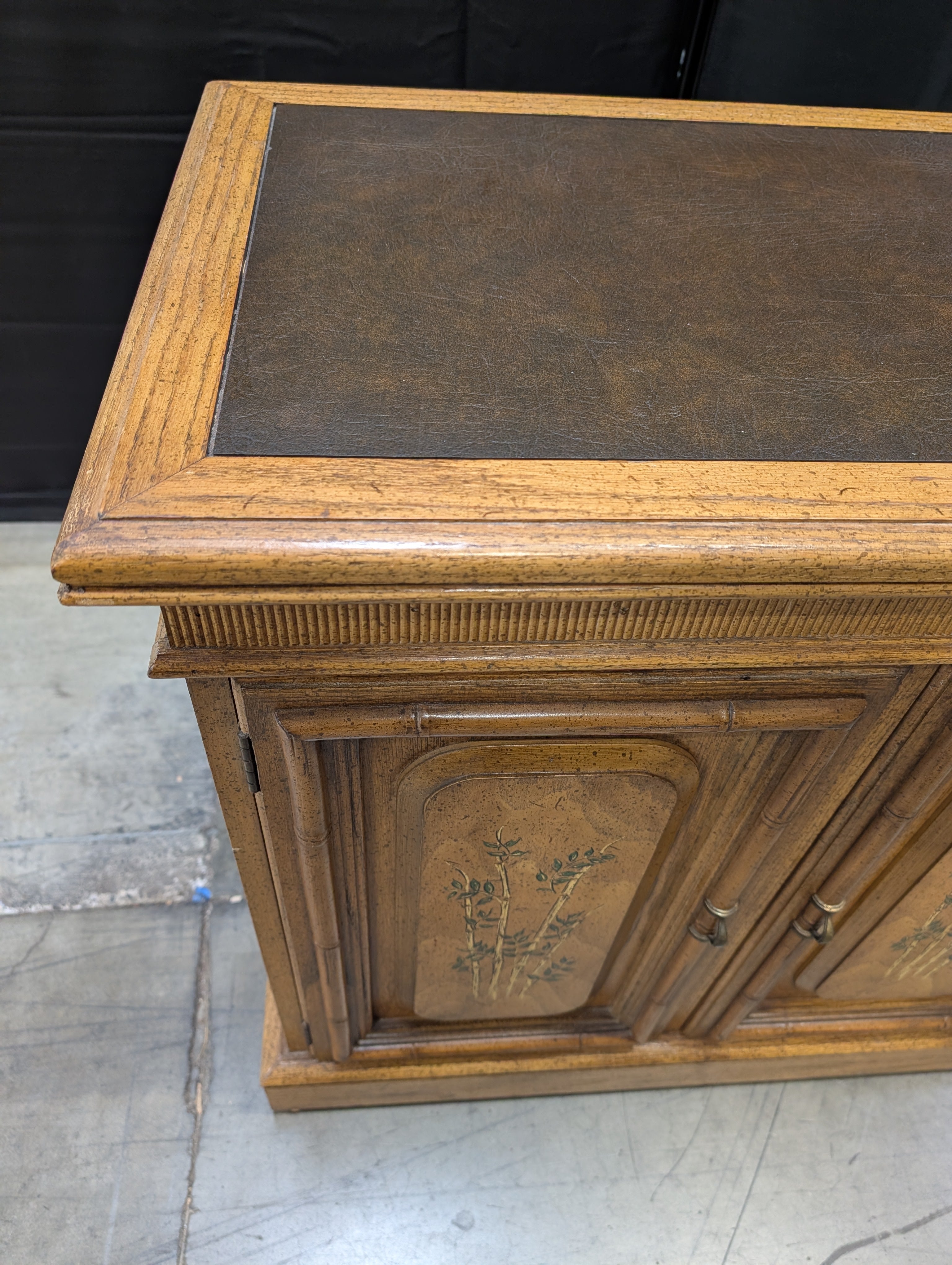 Vintage Chinoiserie Wood Storage Cabinet with Painted Bamboo Motif