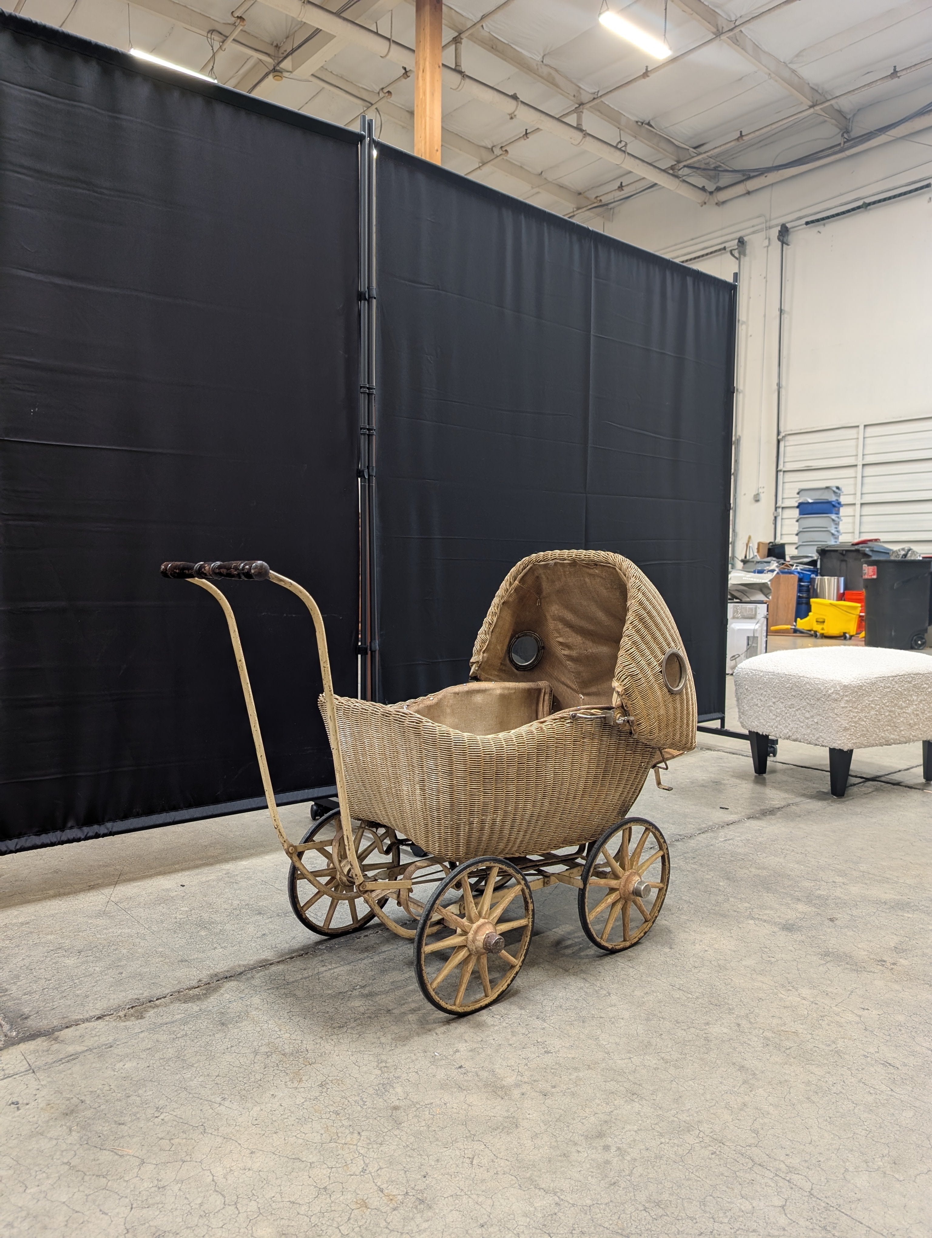 Vintage Lloyd Loom Baby Carriage with  Glass Porthole Window