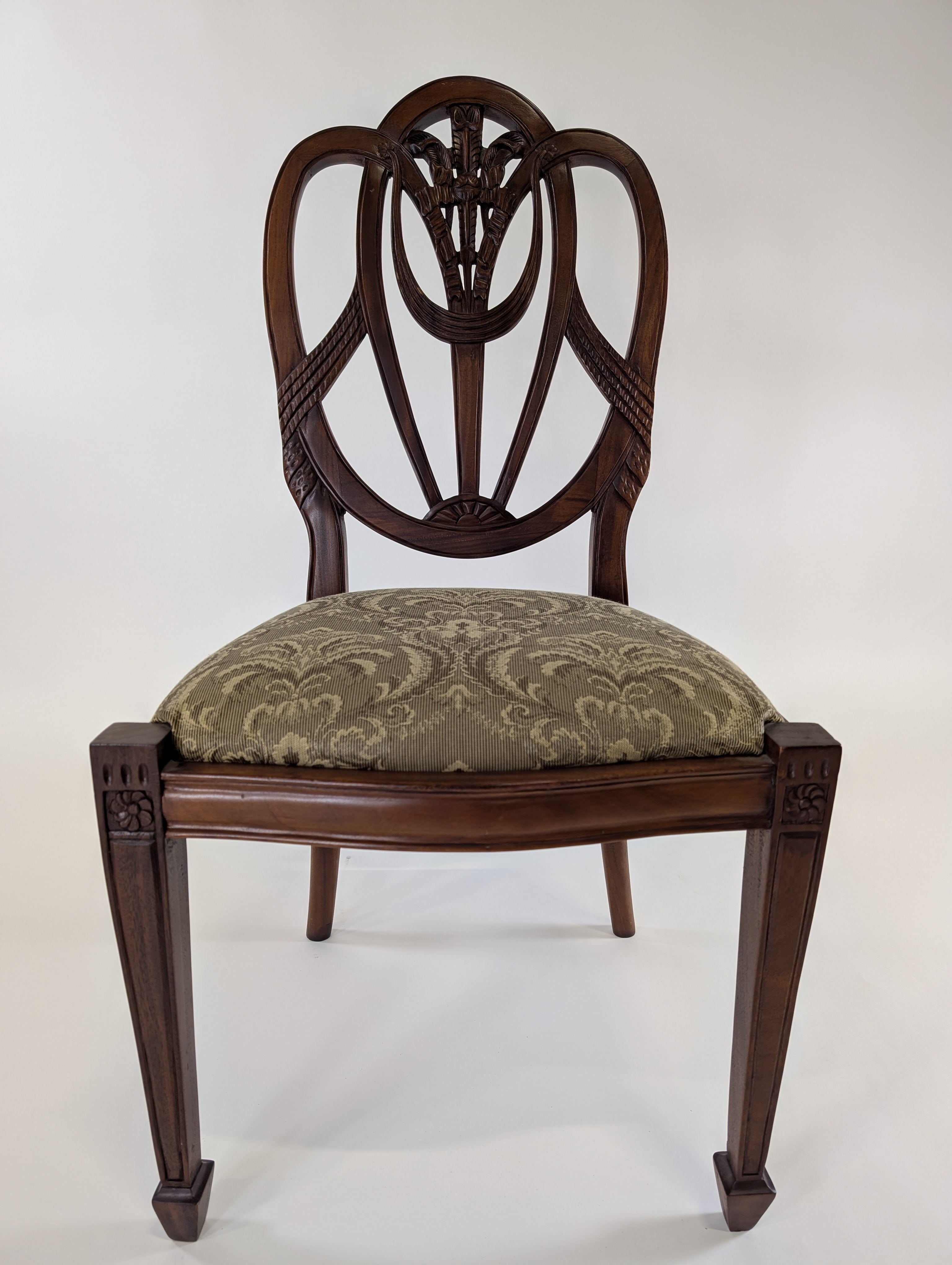 Traditional Carved Wood Side Chair with Damask Upholstered Seat