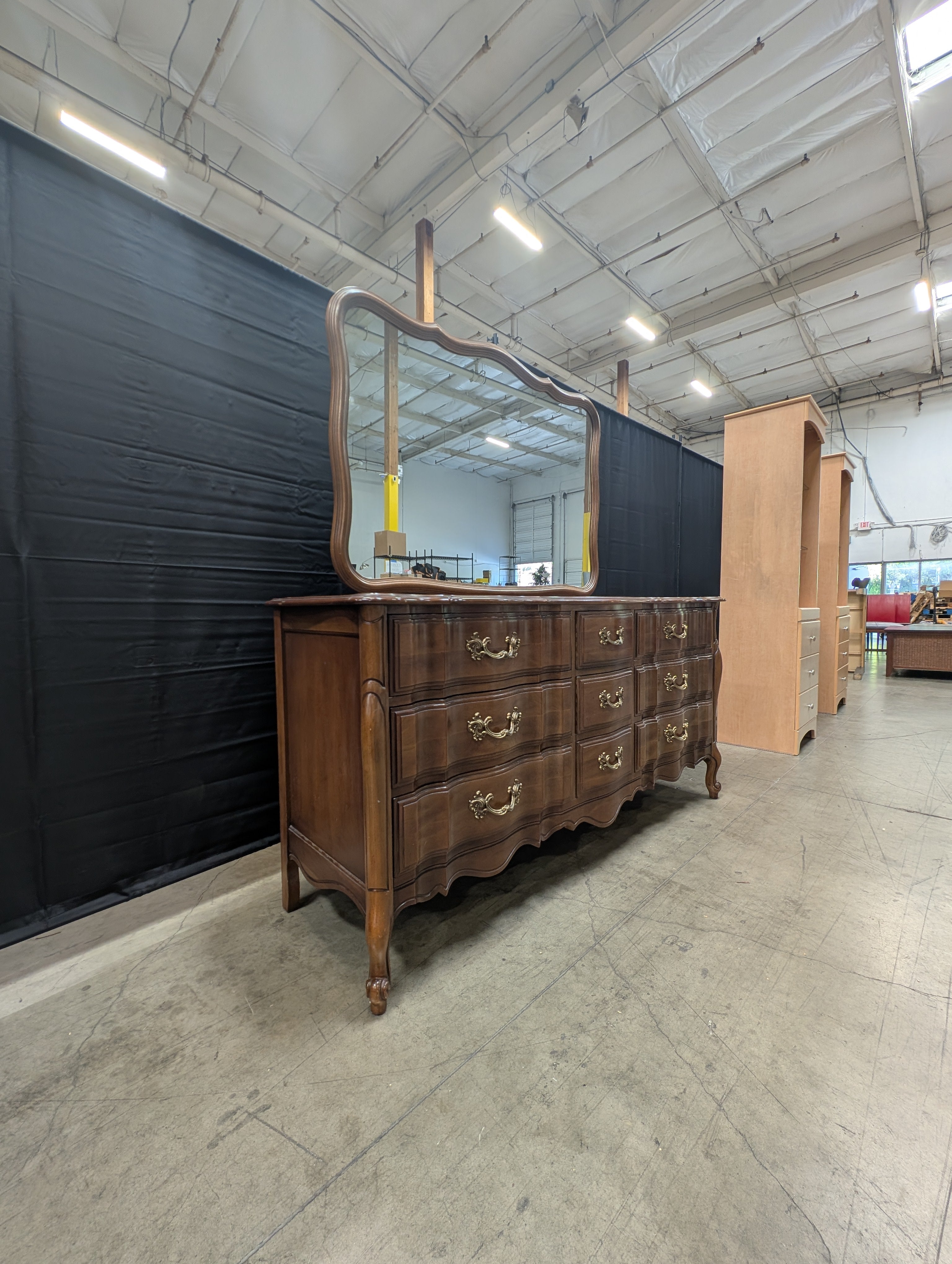 Vintage French Provincial Style Triple Dresser with Ornate Mirror
