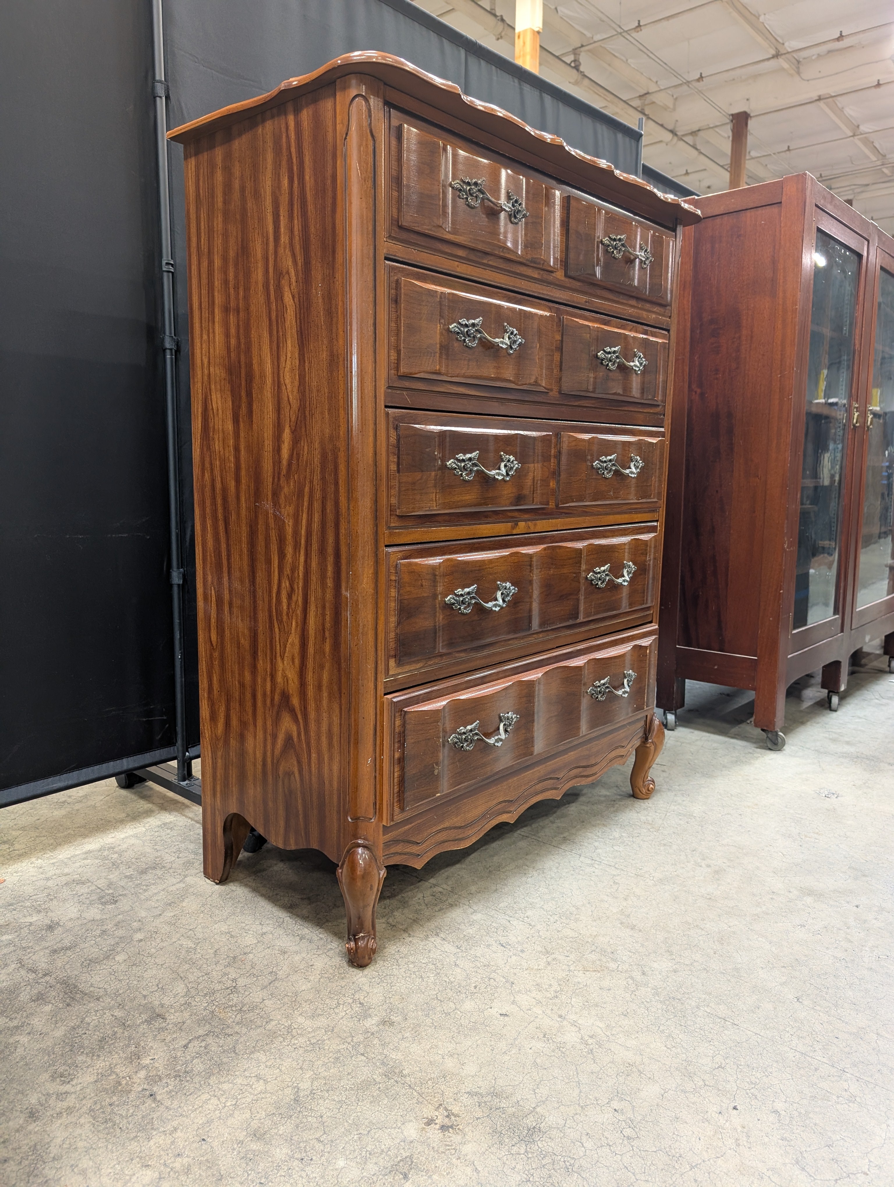 French Provincial Bassett Tall Chest of Drawers with Ornate Hardware